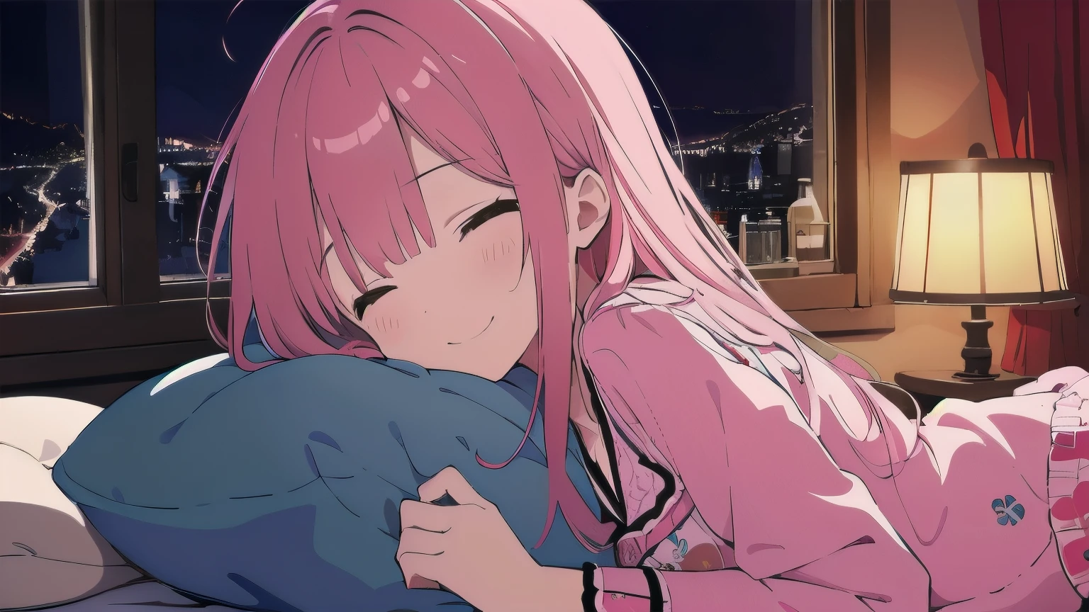 Very detailed, Detailed Background, (highest quality, masterpiece, High resolution), One girl, smile, Mid-chest, Pink Hair, Upper Body, pajamas, long hair、 (night:1.4)、 Dimly lit room, Co-sleeping style