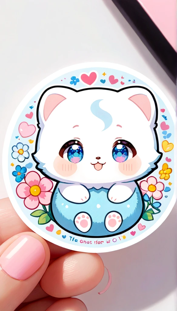 Sticker of a cute, round little animal with big, sparkling eyes and a gentle smile on its face. It has soft, pastel-colored fur. The small critter is surrounded by dainty, heart-shaped flowers in complementary pastel shades, adding to the sticker's overall charm.The white background provides the perfect canvas for this adorable creature, allowing its pastel features to pop and catch the eye. The sticker design exudes a warm and playful energy, making it an endearing addition to any item it adorns.