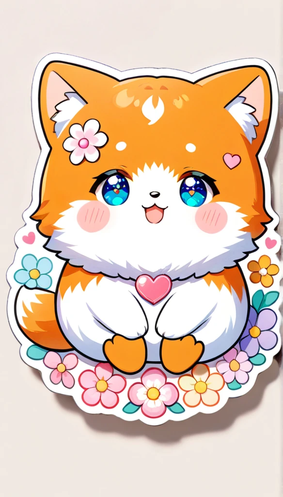Sticker of a cute, round little animal with big, sparkling eyes and a gentle smile on its face. It has soft, pastel-colored fur. The small critter is surrounded by dainty, heart-shaped flowers in complementary pastel shades, adding to the sticker's overall charm.The white background provides the perfect canvas for this adorable creature, allowing its pastel features to pop and catch the eye. The sticker design exudes a warm and playful energy, making it an endearing addition to any item it adorns.