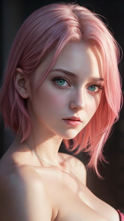 young woman, short shoulder-length pink hair, wide forehead, porcelain skin, pink eyebrows, big emerald green eyes, buttoned nose, full lips, heart-shaped face, slender body, small breasts, red tank top, Sakura Haruno , realistic, realism, details, 3d, well detailed
