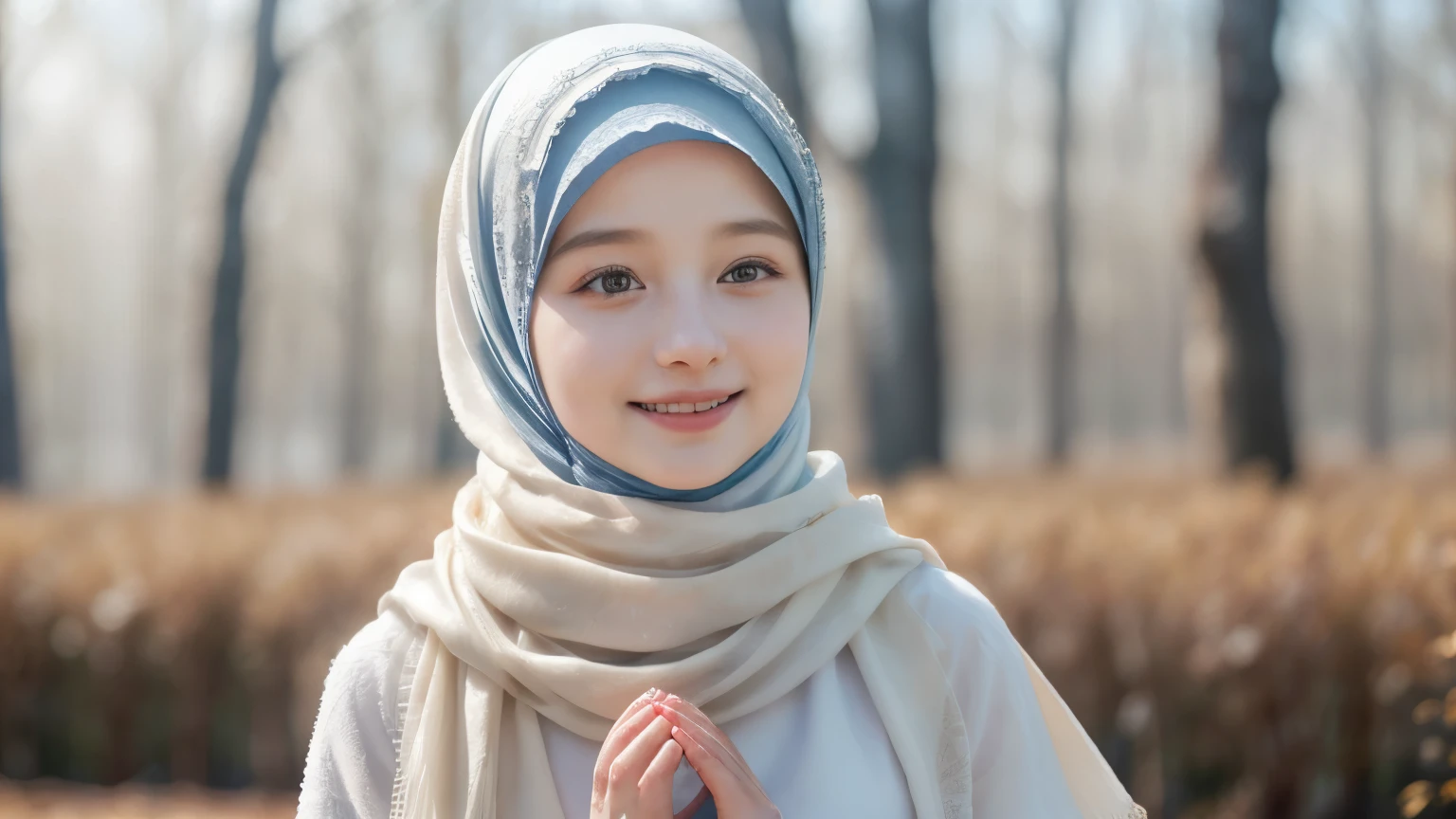 adorable, 1 girl, (face to face), 10 years old, baby face, happy, full body portrait, (face details: 1), (eye details: 1), ((small breasts)). wearing white long shirt, hijab, .. Cute posed. proportional body. Ultra High Res. realistic: 1.4, UHD