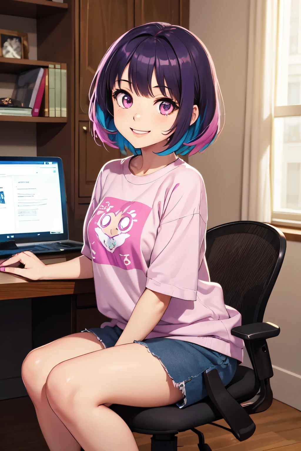 masterpiece, best quality, 1girl, solo, cute girl, short purple hair, big pink eyes, dynamic pose, big smile, expressive eyes, baggy clothes, urban fashion, sitting, computer, desk, indoors, vibrant colors, happy, energetic, positive emotions, upper body, looking at viewer