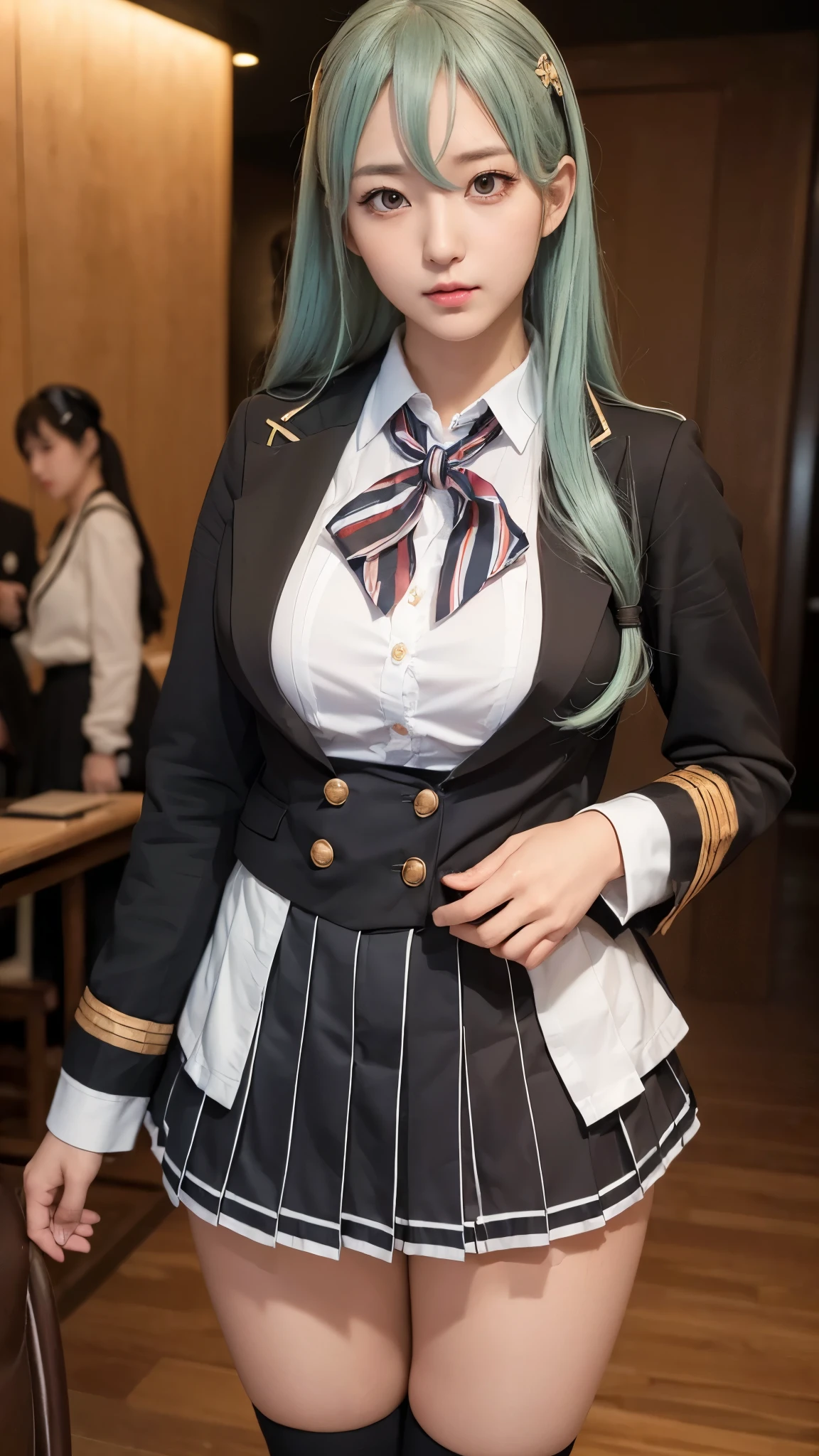 (((masterpiece))),(((high resolution)))、(((perfect face)))、((beautiful face))、(((Korean beauty)))、(((Suzuya-Kancolle Cosplayer)))、(((Uniform)))、((high quality eyes)), ((high resolution face)), (Thighs), night、big breasts、Plump、looking at the camera
