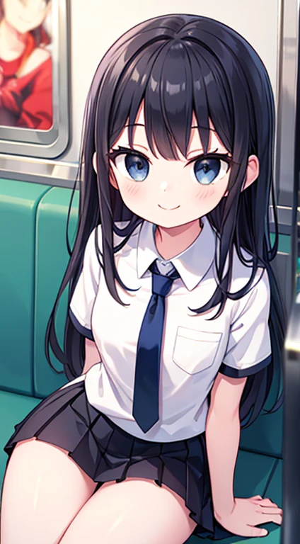 (Tabletop, highest quality:1.2), 8k, 15-year-old student, 85mm, Official Art, RAW Photos, Absurd, White dress shirt, Pretty face, close, Upper Body, Violet, Gardenias, beautiful girl, , (Navy Pleated Skirt:1.1), Cinch waist, Thighs Thighs Thighs Thighs, Short sleeve, in the train, sit on bench seat, View Viewer, No makeup, (smile:1.4), Film Grain, chromatic aberration, Sharp focus, Face Light, Bright lighting, Teen, Detailed face, Bokeh Background, (Dark red tie:1.1)、one person、Long Hair、Black Hair、With bangs、10 year old girl、small、Baby Face、Innocent face、Big eyes、barefoot、black eye、cute、Spread your legs、With ribbon、Very large breasts、身長のsmall、Are standing