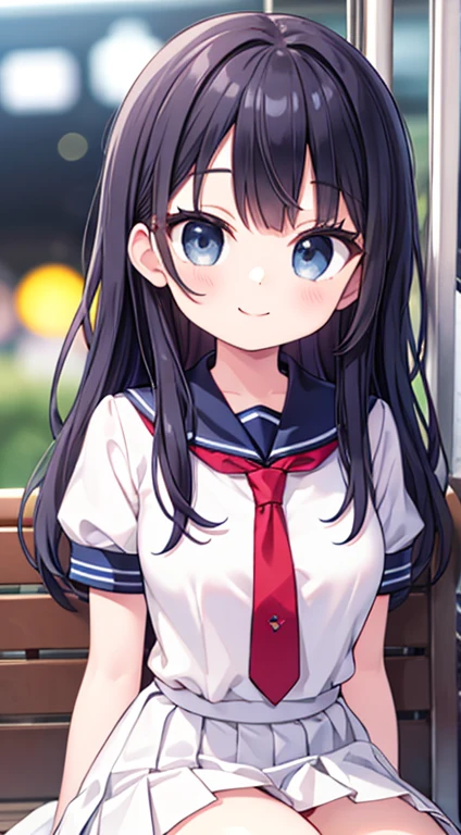 (Tabletop, highest quality:1.2), 8k, -yeld st, Official Art, RAW Photos, Absurd, White dress shirt, Pretty face, close, Upper Body, Violet, Gardenias, beautiful girl, , (Navy Pleated Skirt:1.1), Cinch waist, Thighs Thighs Thighs Thighs, Short sleeve, in the train, sit on bench seat, View Viewer, No makeup, (smile:1.4), Film Grain, chromatic aberration, Sharp focus, Face Light, Bright lighting, Teen, Detailed face, Bokeh Background, (Dark red tie:1.1)、one person、Long Hair、Black Hair、With bangs、10 year old girl、Face、Innocent fac eyes、black eye、cute、Spread your legs、With ribbon、Very large breasts、身長のsmall、Are standing