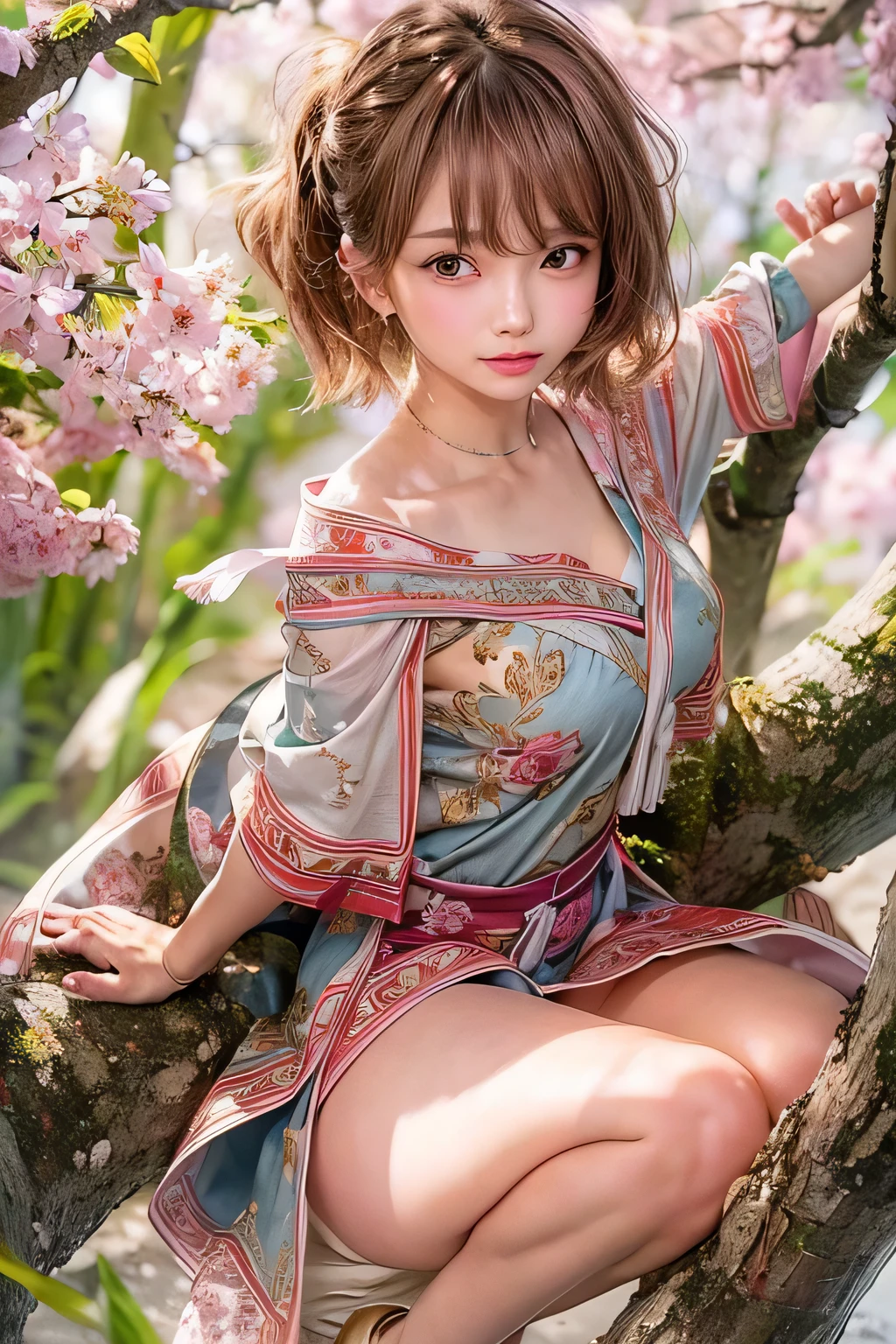 masterpiece, 1 Beautiful girl, Fine grain, highest quality, Ultra High resolution, (reality: 1.4), Cinema Lighting, Beautiful Skin, (Ultra-realistic), (High resolution), (8k), (Very detailed), ( Best illustrations), Pouting slightly,  (Crystal colorful lights), Extremely refined and beautiful, beautiful detailed eyes, Round eyes, detailed facial features, (Round pupils:1.4), (alluring face), Smiling lips, (Medium breasts:1.3), A shallow smile, Open lips, (Beautiful and detailed face, Beautiful and delicate eyes), pink cheek, mascara, brown hair, short hair, (Sitting in a tree:1.3), (full body:1.3), wearing a kunoichi, stretch out one leg, in the forest, sunshine, Beautiful flowers are blooming,