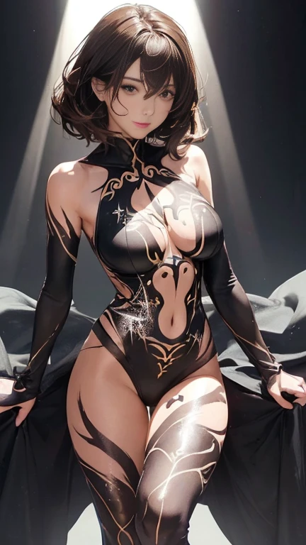 ((Realistic lighting, highest quality, 8k, masterpiece: 1.3)), Clear focus: 1.2, 1 girl, Perfect body beauty: 1.4, Slim Abs: 1.1, ((Dark brown hair, Big Breasts: 1.3)), (Finished with body paint,深いスリットが入ったtransparentメタリックレッドラバースーツ:1.4),(From thigh to ankle々transparent), (Black background, Spotlight: 1.1),Body Paint Dresses, whole body, Long legs, Similar walls'Painted white, Background Blur,Highly detailed face, Fine Eyes, double eyelid,Back pose,Skirt flip,Showing panties,Seductive pose、Crawling posture,Leaning forward,Cowgirl,Spread your legs
