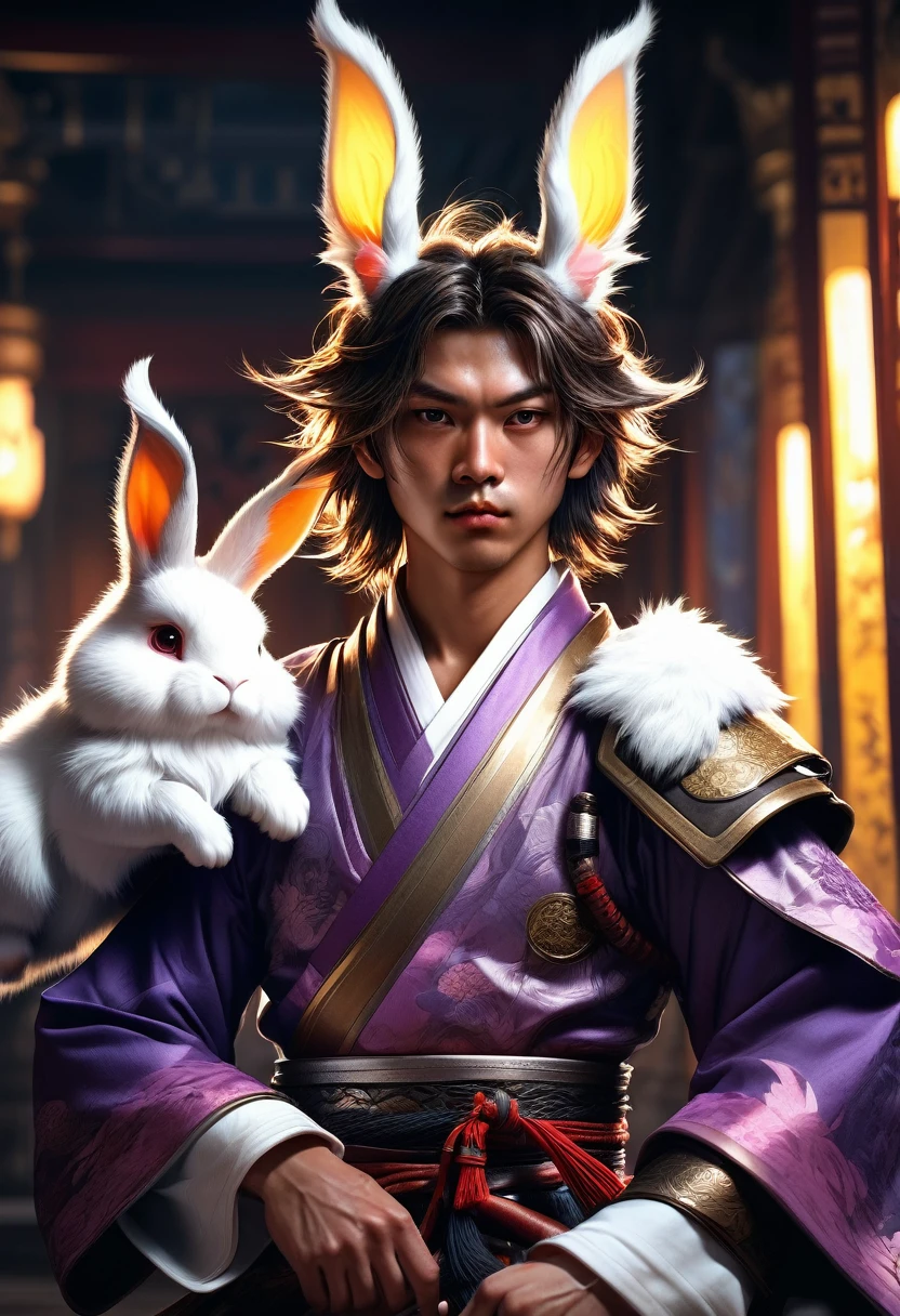 a cool boy with long fluffy rabbit ears, rabbit ears, Badass Samurai boy with rabbit ears intricate details, HDR, beautifully shot, hyperrealistic, sharp focus,  megapixels, perfect composition, high contrast, cinematic, atmospheric, moody 8k resolution concept art by Greg Rutkowski dynamic lighting hyperdetailed intricately detailed Splash art trending on Artstation triadic colors Unreal Engine 5 volumetric lighting Alphonse Mucha WLOP, a masterpiece, 8k resolution, dark fantasy concept art, by Greg Rutkowski, dynamic lighting, hyperdetailed, intricately detailed, Splash screen art, trending on Artstation, deep color, Unreal Engine, volumetric lighting, Alphonse Mucha, Jordan Grimmer, purple and yellow complementary colours