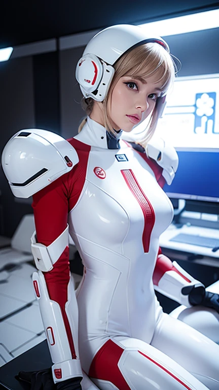 a woman in a white and red suit posing in a futuristic space setting, cyber suit, in white futuristic armor, cybersuits, diverse cybersuits, science fiction suit, sci - fi suit, wearing futuristic white suit, white cyborg fashion shot, beautiful cyborg girl pinup, futuristic glossy latex suit, glossy white armor, cybersuit, white and red armor