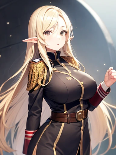elf, elf ears,dull blonde hair,long hair,brown eyes,kind eyes,round eyes,drooping eyes,large breasts,military uniform
