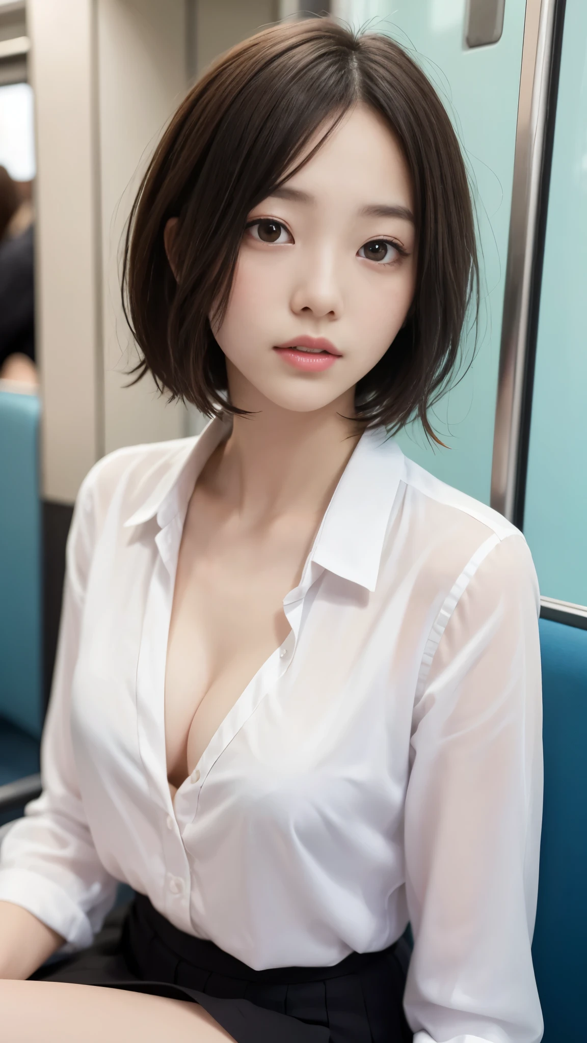 1 Japan woman、, very cute, beautiful, White shirt、Pleated skirt、mini skirt, (Embarrassing:1.3), blush、Inside the train、Sitting, (masterpiece、highest quality:1.3)、High resolution、(8k, High resolution:1.2), (photograph, Realistic:1.2)、The face is in focus、(Concentrated, Symmetrical pupils:1.2)、beautiful肌、Natural Makeup、Gloss lips, High-definition hair texture, (View Viewer:1.2), (short hair, messy hair:1.3), (Embrace your chest:1.1)