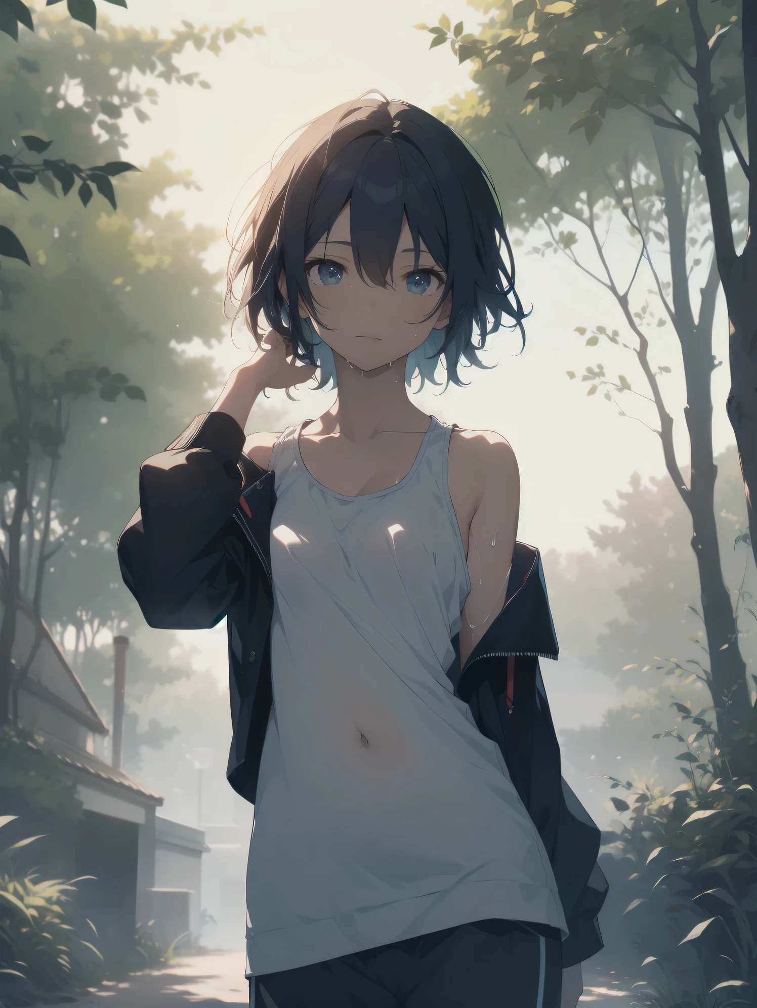 Super absurd quality by the god of art, super detailed, High resolution, anime moe art style, Best Anime 8K Kona-chan Wallpaper, pixiv contest winner, perfect anatomy, break,(NSFW,Please draw a picture of a girl wearing transparent clothes soaked in the rain., take shelter in the shade of a tree.),break,1 girl, (alone,little woman, cute face,11 years old:1.3),,, The charm of an immature body, (very_short hair), boyish short cut, bangs,(flat chest),Small Bodysuits, small ass, between legs, small eyes, small black eyes, detailed and beautiful eyes, Well-proportioned iris and pupils, expressive eyes, High resolutionの詳細な髪,(Wet,see-through tank top,shorts:1.2),(((I can see the nipples))) ,blush, Rainy,(detailed lighting), (detailed background), Inside the school. break,super dense skin, Best sexual lighting powered by famous artist, 8k,ero youjo picture,Beauty Illustration,photoshop_(Moderate),Absurd Hi-Res,Hmm,rough skin,break,((artist:dark black,)) artist:Courges_ace , artist:mitsumi misato,artist:akinashi yuu