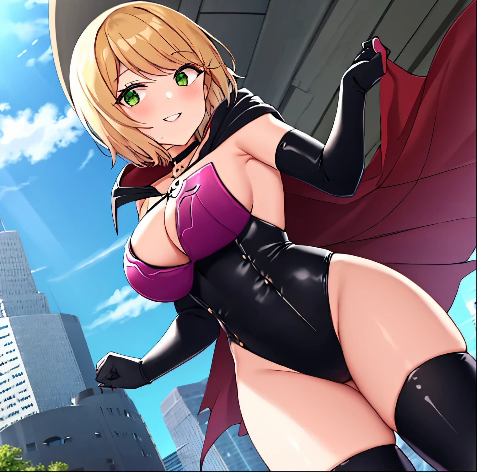 1girl, alone, desumi magahara, short hair, blonde hair, green eyes, black gloves, pink suit with details black, cleavage, big breasts, medium waist, wide hips, medium thighs, round butt, cape, decorations boned, elbow-length gloves, thigh-highs, thigh-high boots, black boots, black suspenders, choker with skull detail, pink leotard with black details, black cape, outdoors, cityscape, leaning, smile, alone, dutch angle , looking at the viewer, from the front, pov (from below), perfect antonia, perfect hands, cowboy shot,