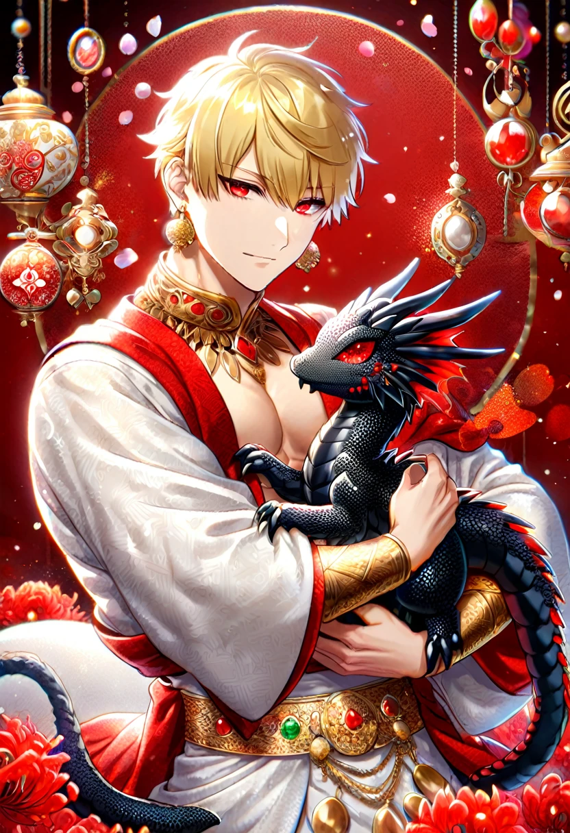 (absurdres, highres, ultra detailed, HDR) master piece, best quality, Gilgamesh, blonde hair, with bangs, expressive red eyes, fate grand order, solo, sexy man, hugging a small black dragon, handsome, toned chest, red haori, white kimono with accessories, jewelry, golden earrings, arabian, patterns, magical fantasy, red butterflies, glittering, sparkling, red spider lilies, petals, radiant, red background with gemstones