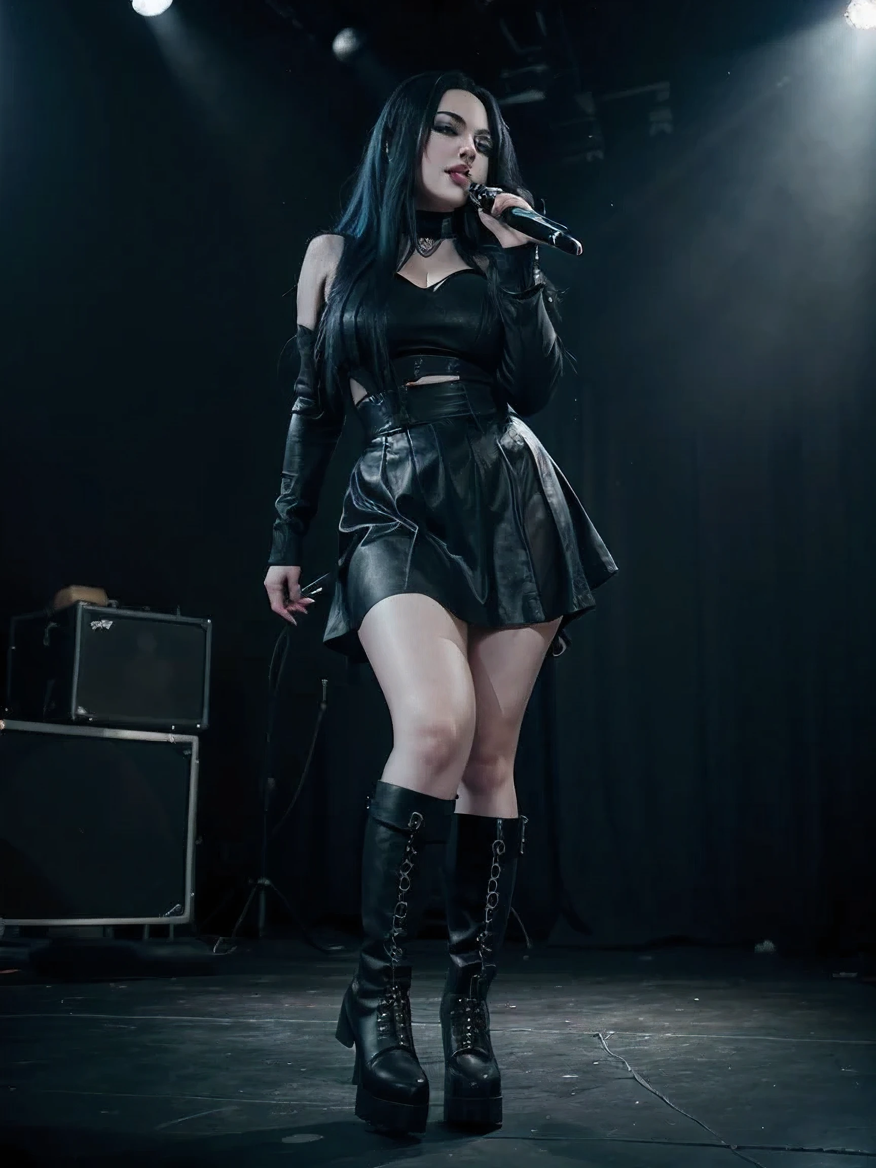 Amy Lee From the band Evanescence, Vocalist Band, curvy, long windblown Black and blue hair, dark eyes, beautiful goth make-up, intense feirce look, sheer black tool skirt and black leather short goth dress, cool goth boots, gorgeous legs, singing, holding a microphone, intense scene, front face pose,, whole body shot, starring at the camera, rock concert background.