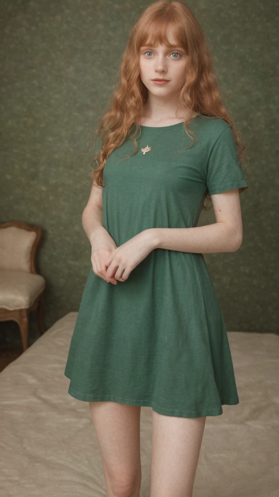 19 year old girl (Irish), (swiss), (Czech),  pale skin, long curled strawberry blonde hair with fountain bangs, beauty, beautiful girl, thin, skinny, small breasts, wearing a dark green T-shirt dress, with, cute makeup, standing next in an avant garde room, vintage film, (dreamy atmosphere),  portrait, from below shot, elegant poses, natural body movement 

