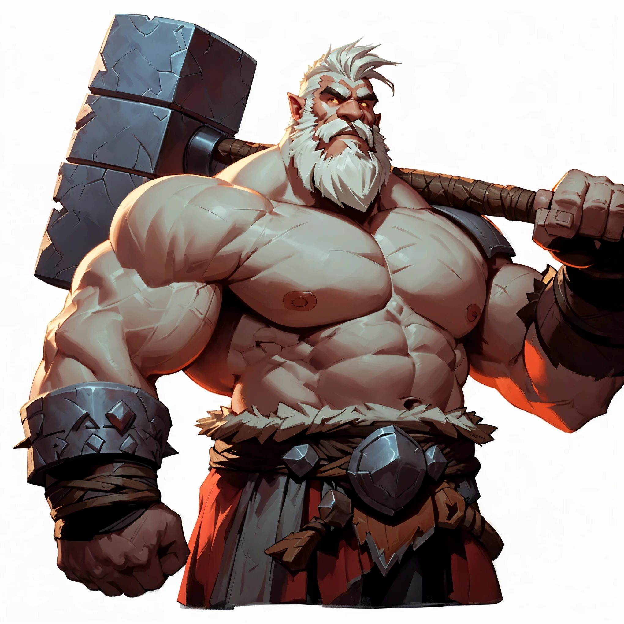 a close up of a cartoon of a man with a hammer, grog strongjaw, barbarian class, by Johannes Helgeson, greybeard, inspired by Johannes Helgeson, muscular character, barbarian, battle chasers, fierce bearded dwarf, joe madureira, dnd goliath character concept, strong and imposing, dwarf with white hair, hero character art, fire giant