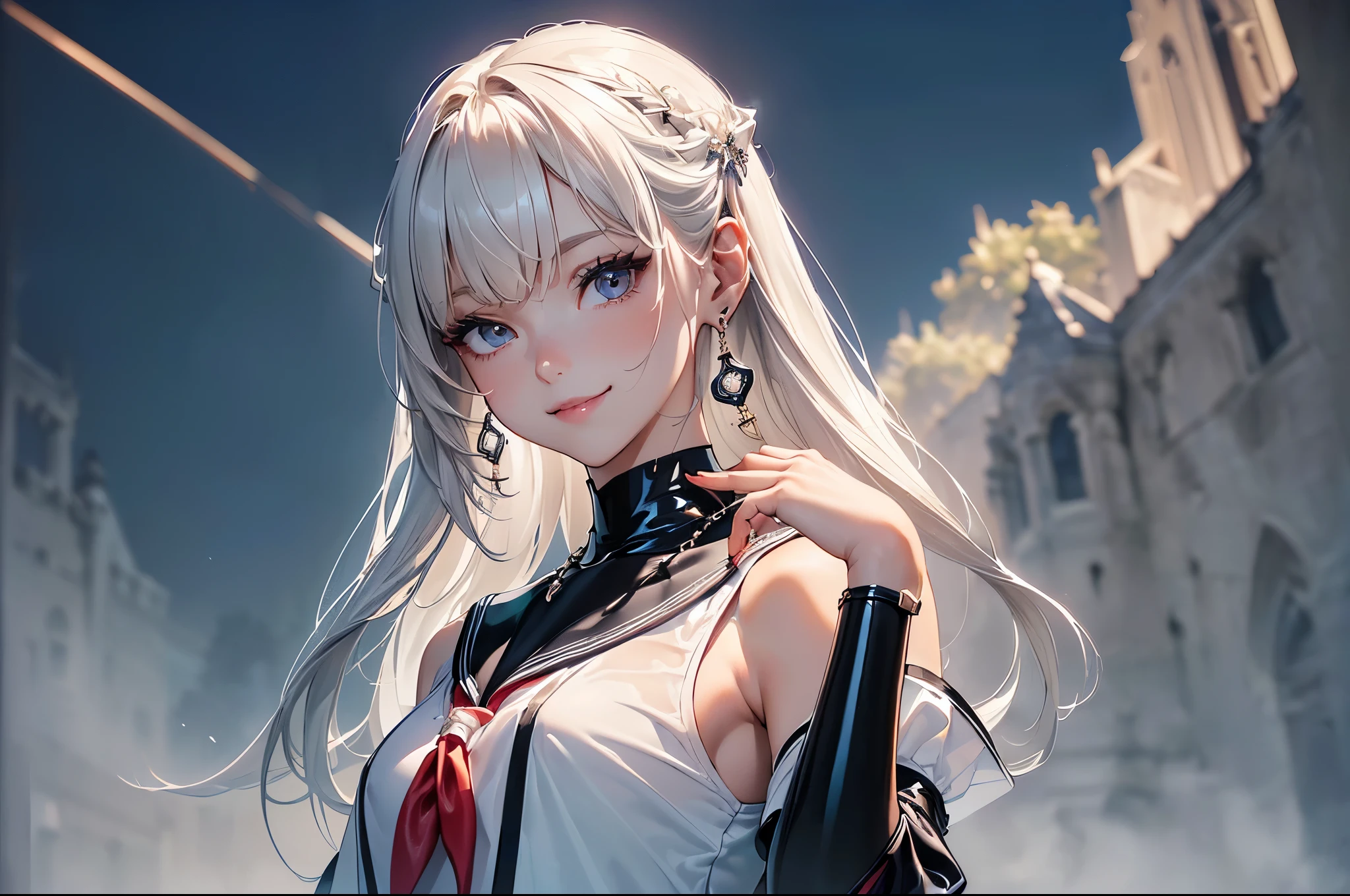 ((Biologically correct limb count))、((Full Body Shot, Full-body photo including face、Head to toe photos))、4K、masterpiece、((Focus on the face))、((Symmetrical facial features))、Eyes of meticulous depiction、Beautiful woman、Excellent style、Beautiful feet、(Black Stockings、High heels with anklets)、Detailed depiction of the face、Small earrings、necklace、((Close-up photo of the upper body))、(Latex shirt、Latex skirt、Sailor suit)、Scenery of the old castle、(Low - Angle)、(smile)、((Thick morning fog all around)、I can't see anything around me)、((Face down on the bench、Lying down))