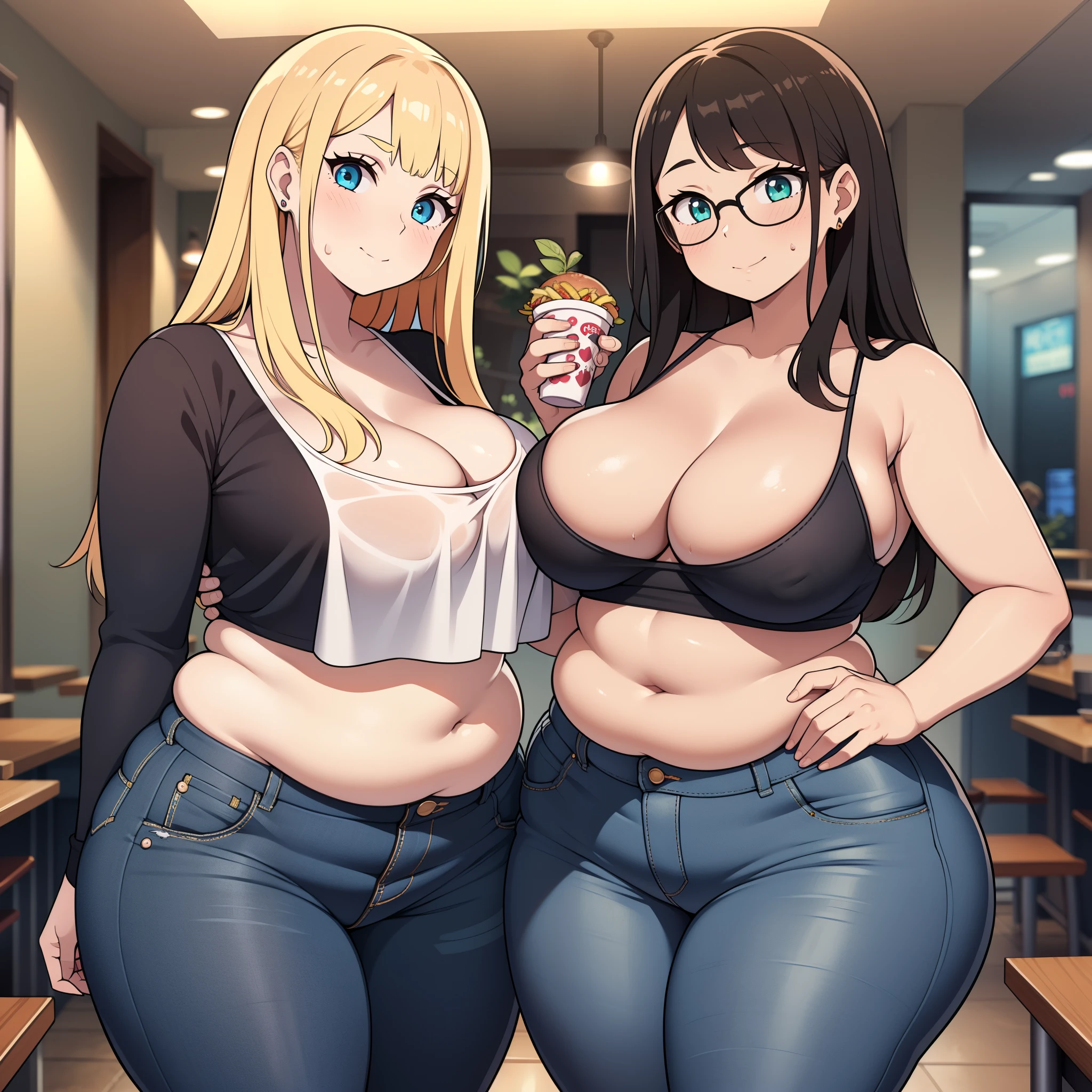 ((highres)), Masterpiece, high quality, best quality, beautiful, perfect lighting, detailed face, ultra cute face, looking at viewer, ((2girls)), blush, one girl has blonde hair, blue eyes, crop top and shorts, one girl has brown hair, green eyes, jeans, white shirt, fast food restaurant, cleavage, medium breasts, ((wide hips)), (thick thighs), (fat ass), ((plump)), chubby belly, belly grab, fat folds, standing next to each other,