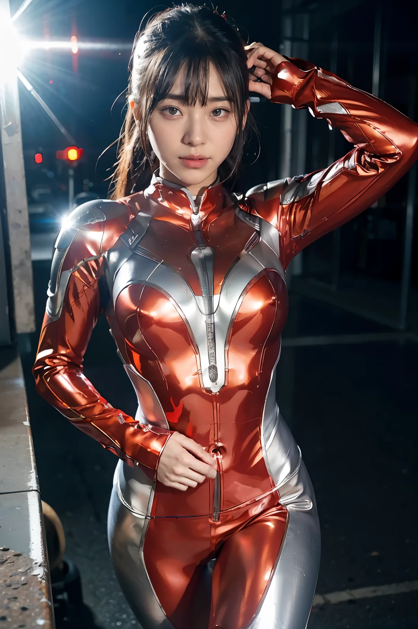 ultraman、realistic、realistic、movie light, Young woman in a shiny red and silver suit、15 years、professional photos、wear&#39;Don&#39;t expose your skin., Japanese model, Japanese CGI、ultraman Suit、, Power Rangers set、Tight and thin cyber suit,Has rubber all over.、there&#39;s pink there、 delicate body, big breasts、small ass、thin thighs、Thin arms、Thin waist、camel toe、Both sides of the cybersuit cling to the skin.、Big eyes、black short hair、Facing the front、Facing the front立っている、A glowing sphere is embedded in the chest..、essay exam、 blue sky background