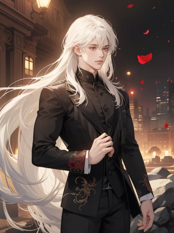 1 male, red eyes against a pale complexion, His flowing long wavy white hair, styled in a sophisticated mullet, His lean, muscular physique and refined demeanor make him the epitome of male beauty., bedroon background elegant, handsome, hair between his eyes, mullet hair elegant, flowy hair, hairdown, thick hair between his eyes, side swept bangs, ((seen in elegant red and black detailed suit)), (((FRINGE WITH TEXTURE side swept))), ON A SKYCRAPER, BUILDINGS BG, ROSES, ELEGANT, red eyes, smilling WITH TEETH