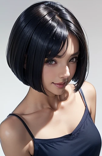 (masterpiece), (8k, best quality, high resolution), (ultra-detailed, realistic), (anatomically correct),  
((from above)), ((look up and see the viewer)), 
((face close-up)), (Standing), (No background),
(1woman),   
(A Japanese woman, 30 years old and 155cm tall.), 
((Create a detailed image of the right eye)), 
(((Wear a navy blue tunic camisole))), ((A camisole without decoration.)),  
(black hair), (straight hair), (short hair style), ((bob cut)), 
(put hair over ear), 
(There is a mole on the left side of the mouth), 
((smile broadly)), 
(Her impression is pure, clean and kind.),

