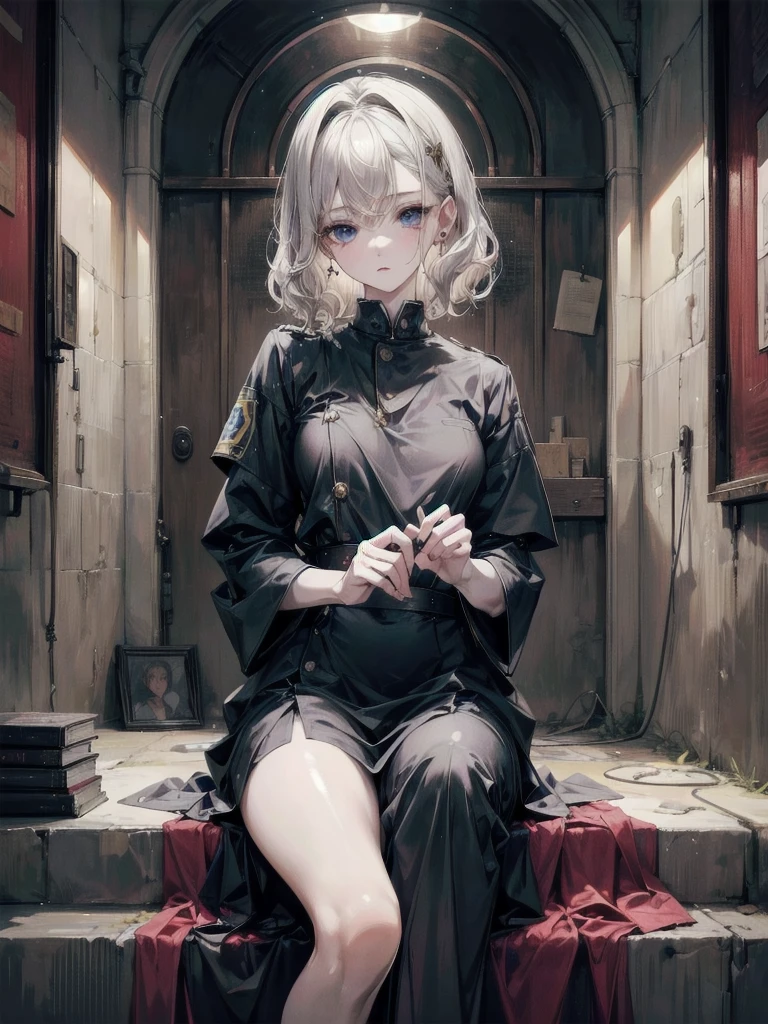 whole body, prison uniform, absurdres, RAW photo, extremely delicate and beautiful, masterpiece, Best Quality, ultra high resolution, 32k, hyperrealistic, ultra-detailed, perfect figure, detailed description, pale skin, 20 years old, detailed beautiful face and eyes, tearful mole, earring, short medium hair, wavy hair, 