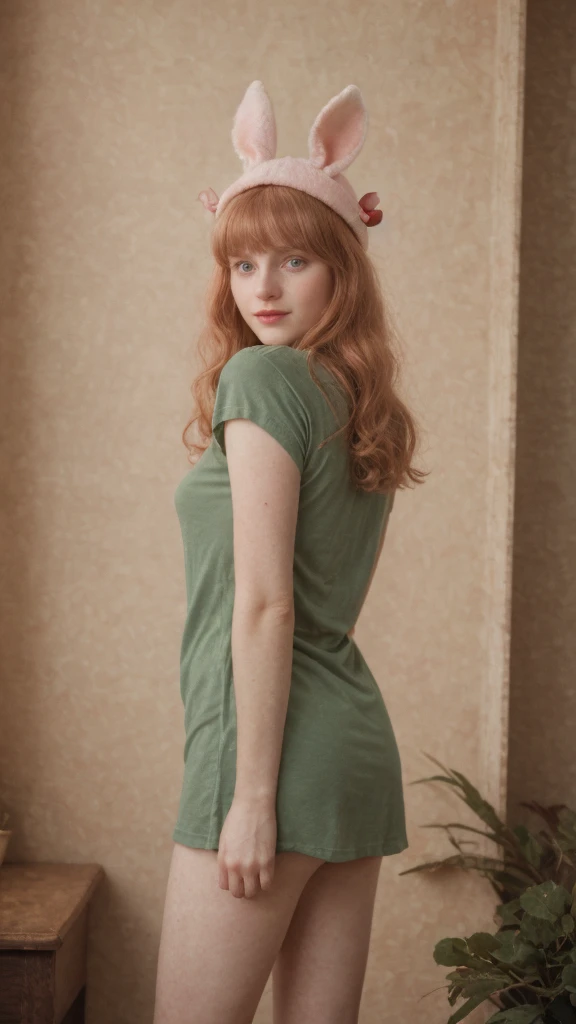 19 year old girl (Irish), (swiss), (Czech), pale skin, long curled strawberry blonde hair with fountain bangs, beauty, beautiful girl, thin, skinny, small breasts, wearing a dark green T-shirt dress, with, cute makeup, standing next in an avant garde room, vintage film, (dreamy atmosphere), portrait, from below shot, elegant poses, natural body movement