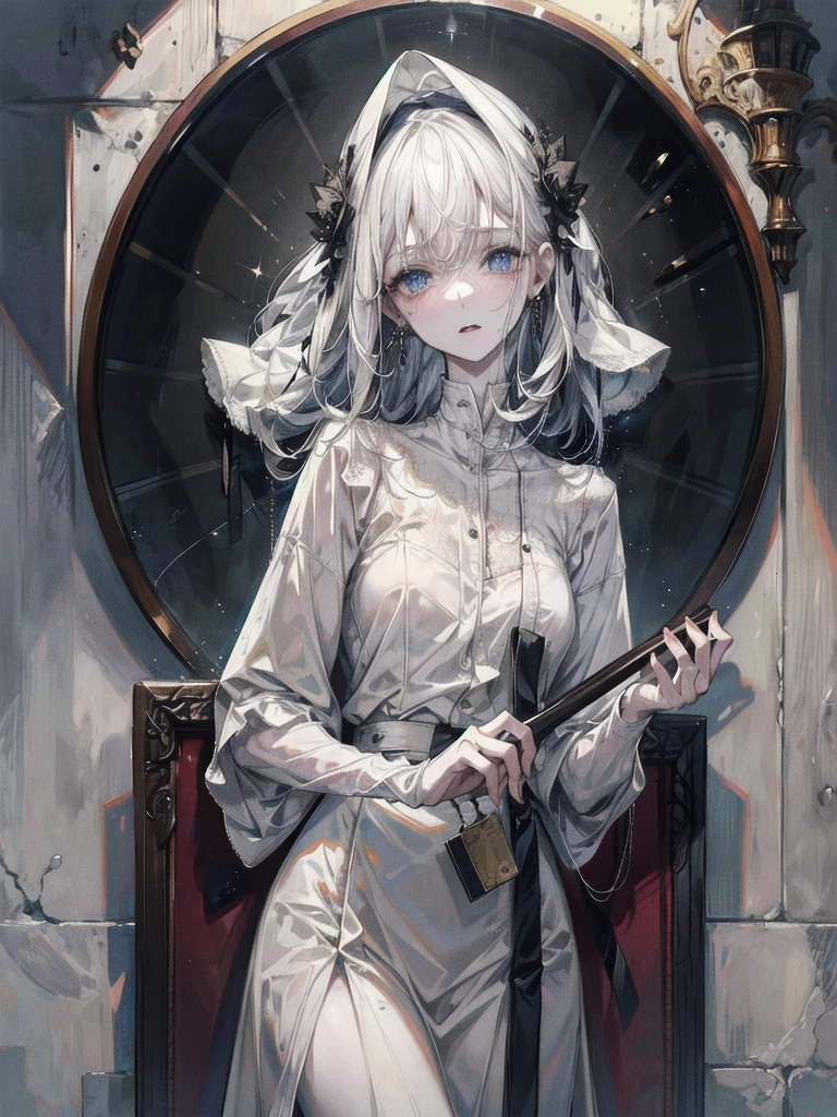 whole body, prison uniform, absurdres, RAW photo, extremely delicate and beautiful, masterpiece, Best Quality, ultra high resolution, 32k, hyperrealistic, ultra-detailed, perfect figure, detailed description, pale skin, 20 years old, detailed beautiful face and eyes, tearful mole, earring, short medium hair, wavy hair,