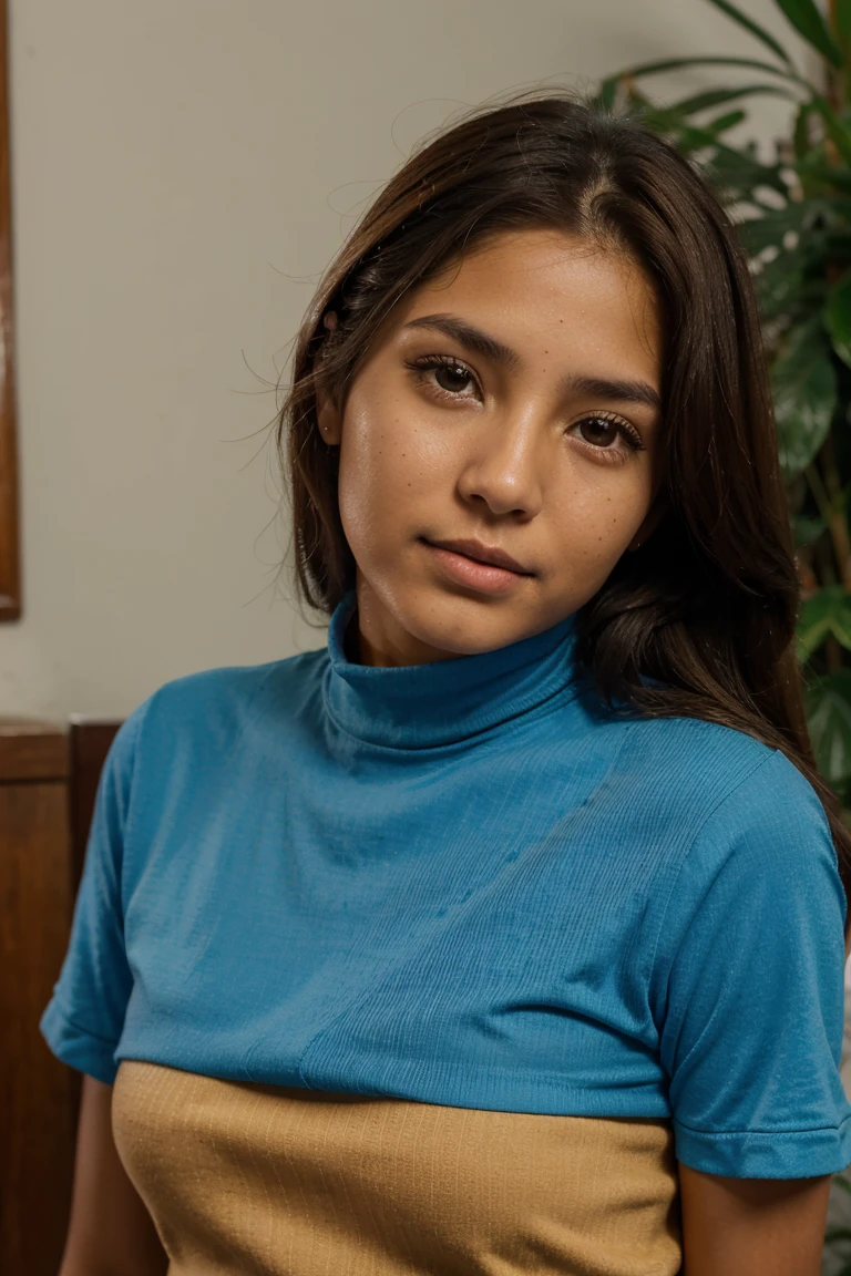 to a 23-year-old Bolivian girl with brown hair, piel clara, ojos claros, estatura 1,60, senos medianos, cintura regular, cuerpo delicado, vistiendo uniforme escolar color azul y plomo