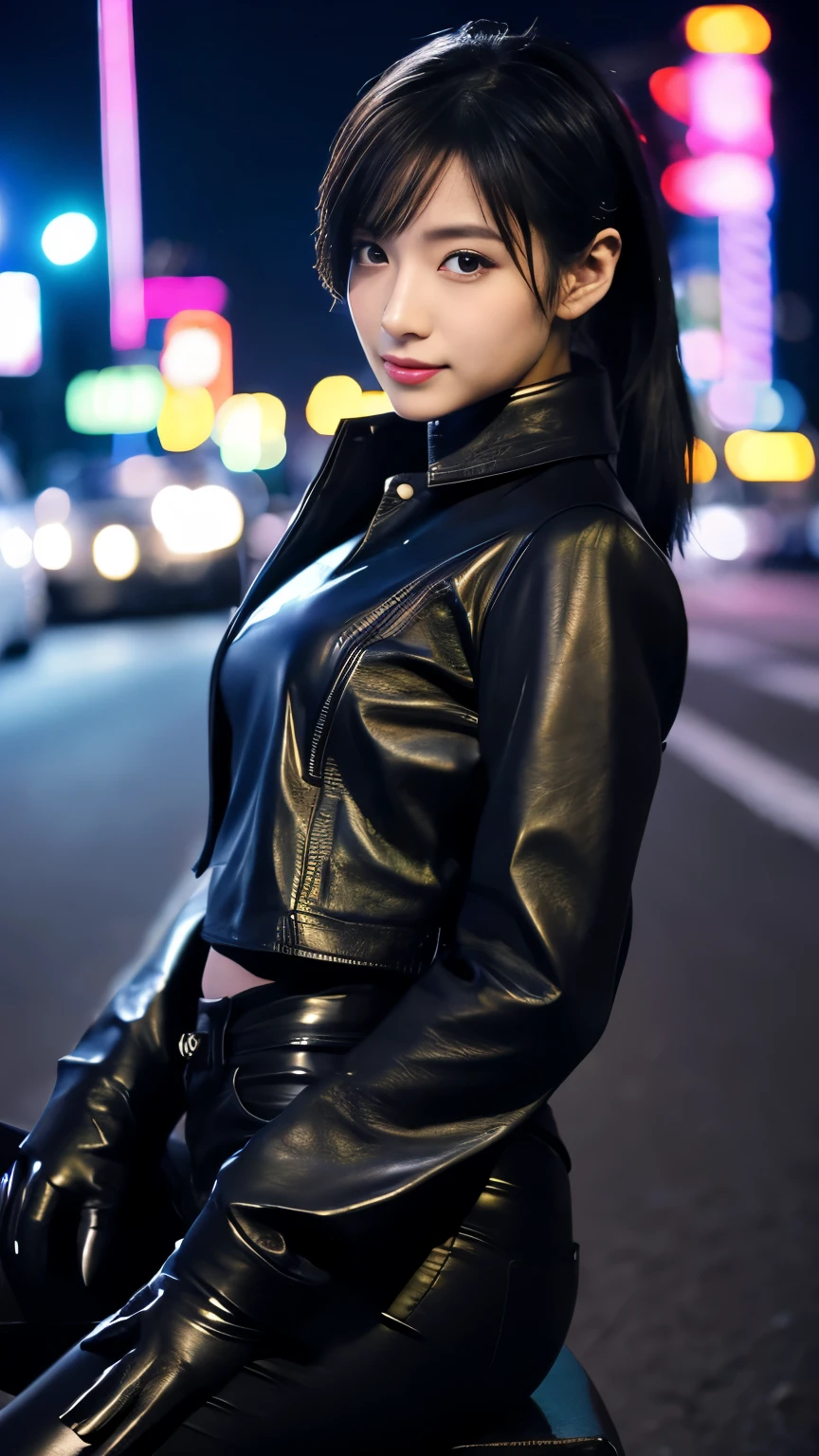black leather rider jacket, Office in the Dark, Black leather gloved fingertips on both hands,Wearing black leather gloves,Sitting in a black leather chair、 Japanese female new recruits (Black leather gloves cover both hands) (The angle is horizontal)、Black Leather Pants,Black Leather Black Leather Pants,Black Leather Skinny Pants、Long black leather boots on both feet、Black hair ponytail ((He wears black leather gloves on his hands))Full Body Photo,full body shot full body full body leather suit,☺If you turn in this direction。Wearing black leather gloves,Wearing black leather gloves,Wearing black leather gloves,Wearing black leather gloves,Wearing black leather gloves,Wearing black leather gloves,黒のレザーパンツが美しい😍黒のレザーパンツが美しい😍黒のレザーパンツが美しい,😍Smiling while looking at me,City lights、((Neon Cyberpunk City Street:1.3))、(Neon Light)、Detailed lighting、

Best image quality、Ultra-high resolution、(realism:1.4)、Korean Beauty Star、The most beautiful KPOP stars、face、Horny Korean Makeup、A body that makes you want to touch it、Realistic leather texture、Costume made of smooth leather fabric、The drape of the curved parts of the leather fabric、The costume is very shiny、Quality of the costume、8K Photo Quality
