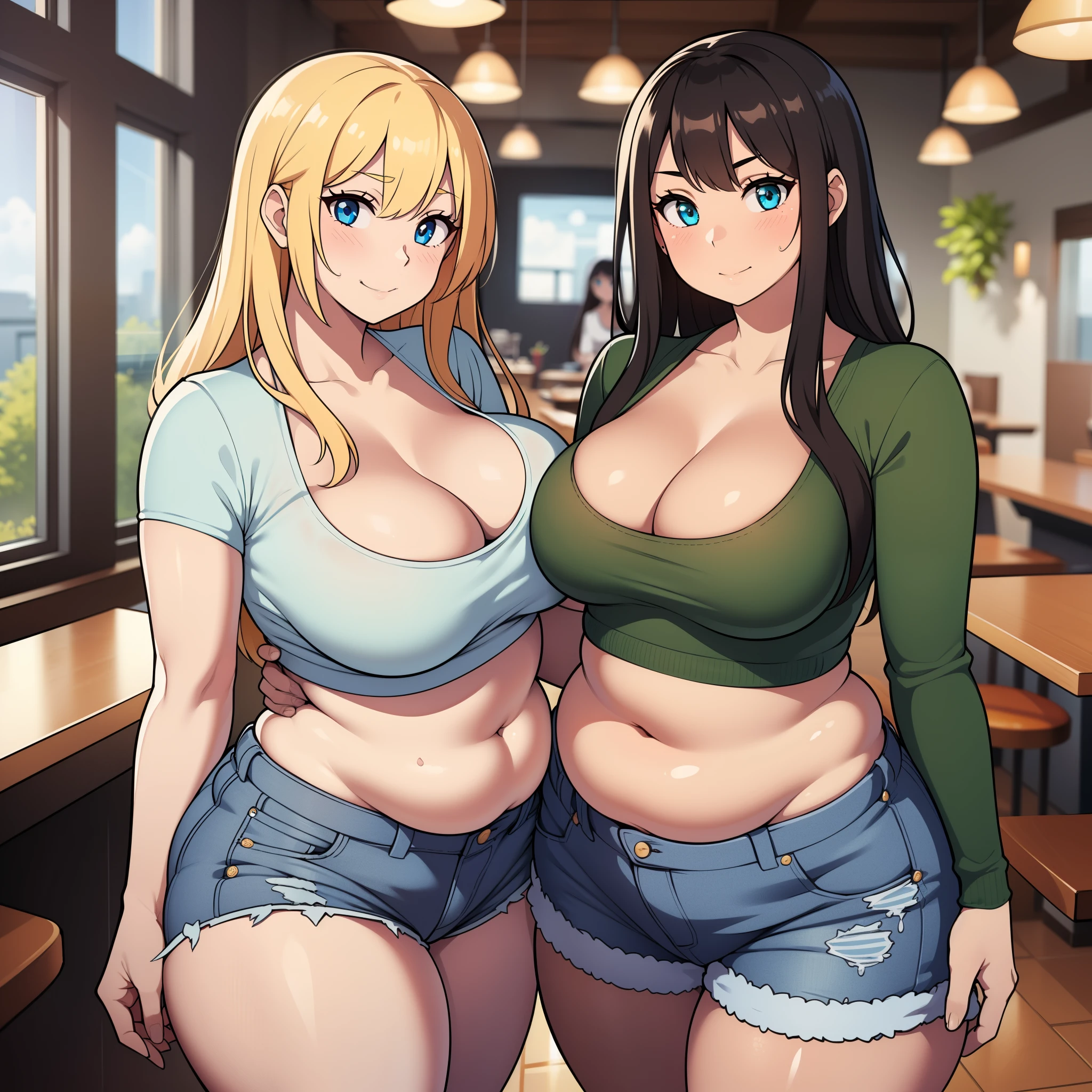 ((highres)), Masterpiece, high quality, best quality, beautiful, perfect lighting, detailed face, ultra cute face, looking at viewer, ((2girls)), blush, one girl has blonde hair, blue eyes, crop top and shorts, one girl has brown hair, green eyes, jeans, white shirt, fast food restaurant, cleavage, medium breasts, ((wide hips)), (thick thighs), ((fat ass)), ((plump)), chubby belly, belly grab, fat folds, standing next to each other,