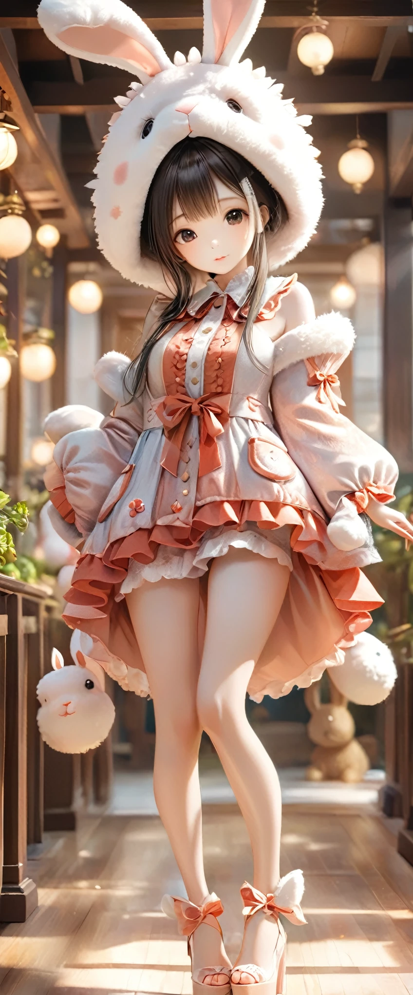 A woman wearing a furry bunny costume，Wearing big rabbit ears, full-body shot, Wide Angle, cute又充满童真表情, Professional Portraits, Super Fine 8K, high resolution, Detailed facial features, Detailed clothing, soft light, Fantastic, fantasy, Soft colors, cute