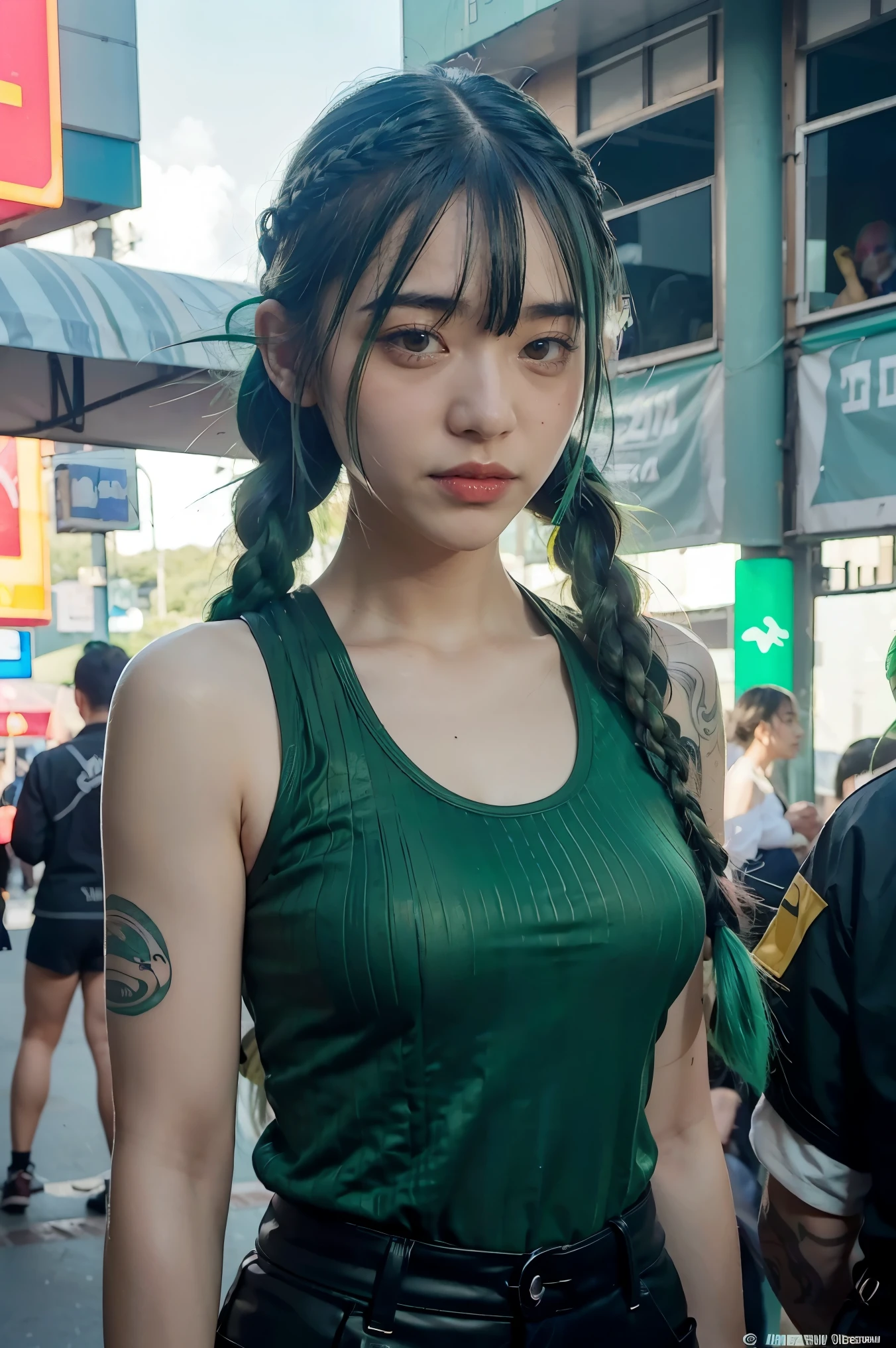 uma mulher com green hair e tatuagens, cyberpunk woman anime woman, trousers, Beautiful angry cyberpunk goddess, Cyberpunk art style, digital art anime cyberpunk, cyberpunk anime art, secret, Portrait, cyberpunk anime art, Cyberpunk art, dark fantasy cyberpunk, arcane style, 1 woman, star tattooบนแขน, Asymmetrical bangs, stripes, green hair, green braid, Brown shirt, star tattoo, side, green hair, long hair, pink eyes, red lips, stand , cloud tattoo, twin braids. Arken Jinx. Garota de green hair, garota de twin braids, A girl in a burnt place, spark, sphere of light, Movie Poster, secret\(league of legends\, 1 woman, star tattooบนแขน, Asymmetrical bangs, stripes, green hair, green braid, Brown shirt, star tattoo, side, green hair, girl with green twin braids