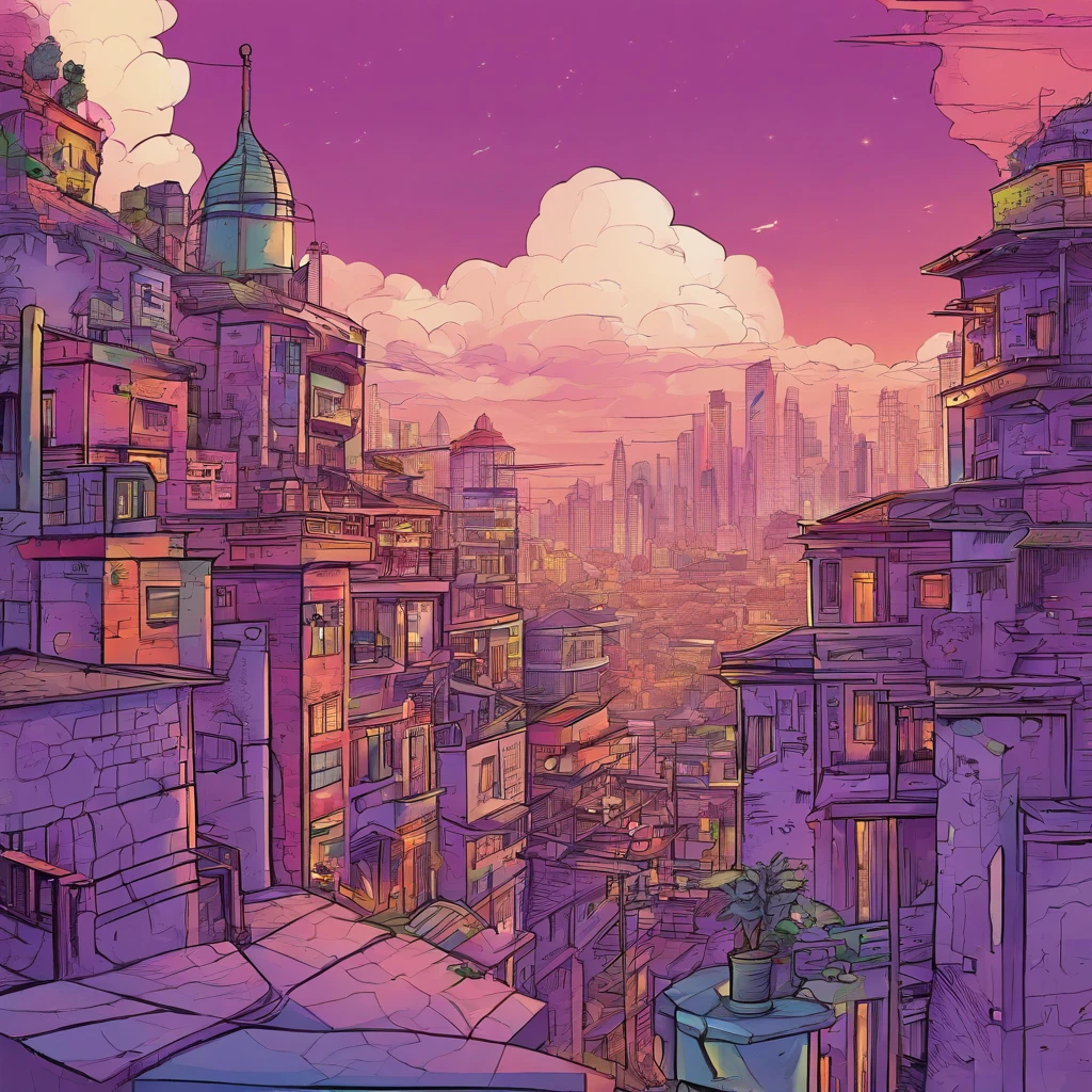 Draw a city with a bunch of mystical laboratories, multi-storey buildings and a purple sky