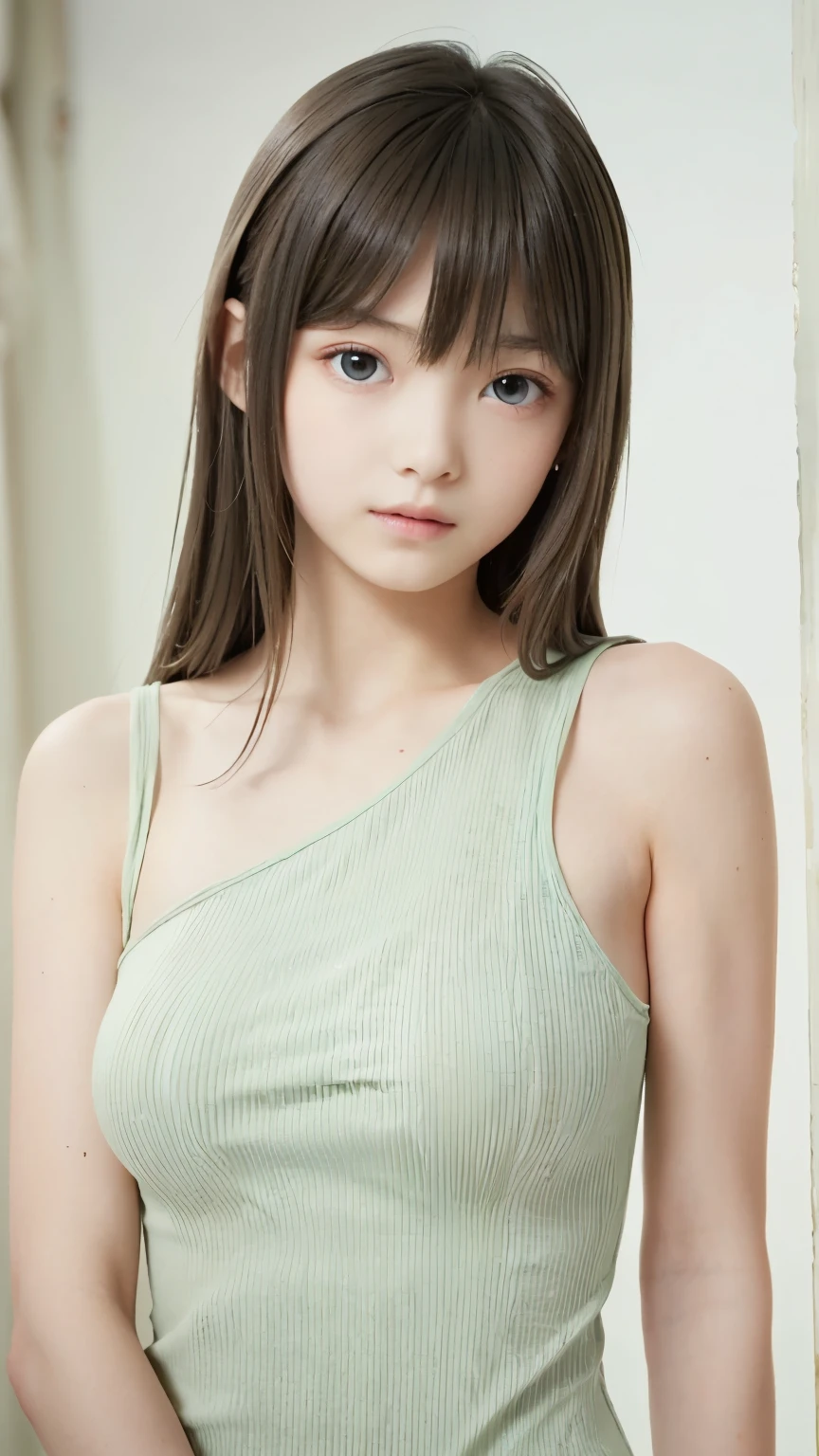 masterpiece,highest quality,1 Girl,delicでed face, bangs, just_arm, just_shoulder, green_eye, clavicle, (high resolution:1.48)、(:1.48)、(Very large breasts and tight clothing:1.48)、(Kids Model:1.48)