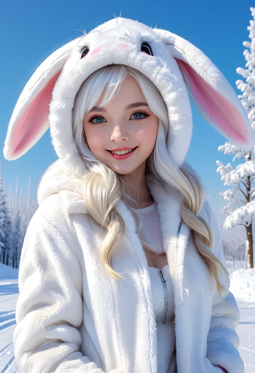 Cute white-haired girl wearing a white hooded fur coat with bunny ears, Close up of a happy and lively character standing on white snow taking photo of winter snow scene( Perfect anatomical structure ) Beautiful and extremely fine texture,detailed, bright, High definition animation style