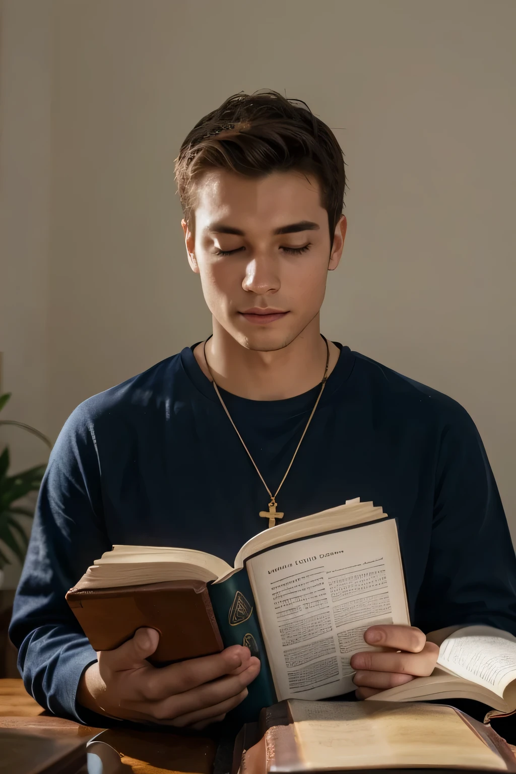 image of a young Christian man in prayer, com as maos juntas, olhos fechados, biblia aberta, com o fundo sendo um quarto, com luz baixa, tons azuis escuros, face of peace and hope