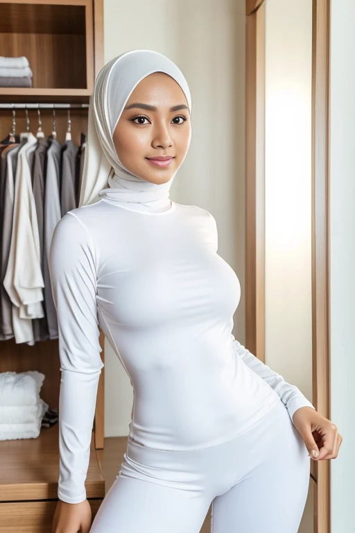 RAW, Best quality, high resolution, masterpiece: 1.8), beautiful Malay woman in hijab, Masterpiece, big gorgeous eyes, Soft smile, wear tight light white long sleeve shirt and  light white tight legging,in changing room, Excellent lighting, Bright colors, Clean lines