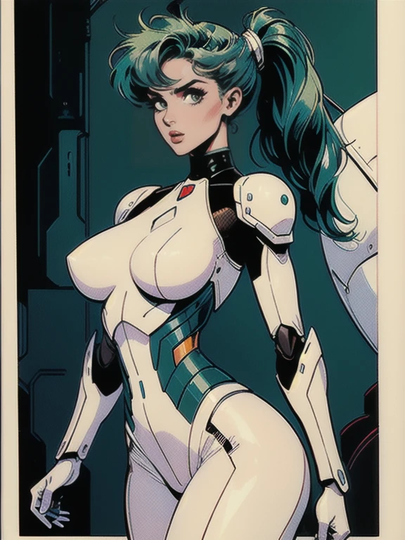 ((colored line art, comic style, masterpiece, best quality, )), (Maximum clarity and sharpness, vintage comic) white mecha armor, robot girl, natural big breasts, wide hips and slim waist, good proportions, green hair in ponytail, white and detailed background of futuristic lab, low iso, white balance, rule of thirds, from side, expressive youthfull face, wide eyed surprised look, Fantasy Eyes
