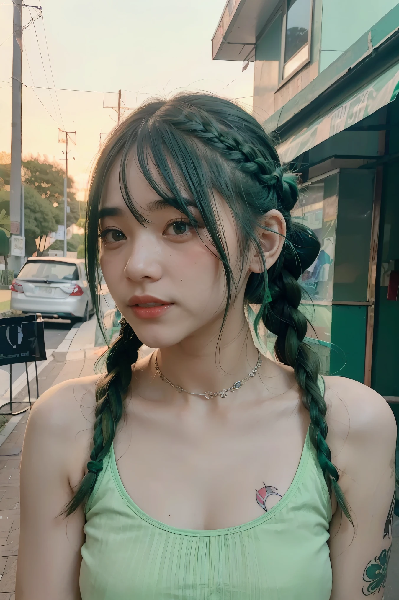 uma mulher com green hair e tatuagens, cyberpunk woman anime woman, trousers, Beautiful angry cyberpunk goddess, Cyberpunk art style, digital art anime cyberpunk, cyberpunk anime art, secret, Portrait, cyberpunk anime art, Cyberpunk art, dark fantasy cyberpunk, arcane style, 1 woman, star tattooบนแขน, Asymmetrical bangs, stripes, green hair, green braid, Brown shirt, star tattoo, side, green hair, long hair, pink eyes, red lips, stand , cloud tattoo, twin braids. Arken Jinx. Garota de green hair, garota de twin braids, A girl in a burnt place, spark, sphere of light, Movie Poster, secret\(league of legends\, 1 woman, star tattooบนแขน, Asymmetrical bangs, stripes, green hair, green braid, Brown shirt, star tattoo, side, green hair, girl with green twin braids 
