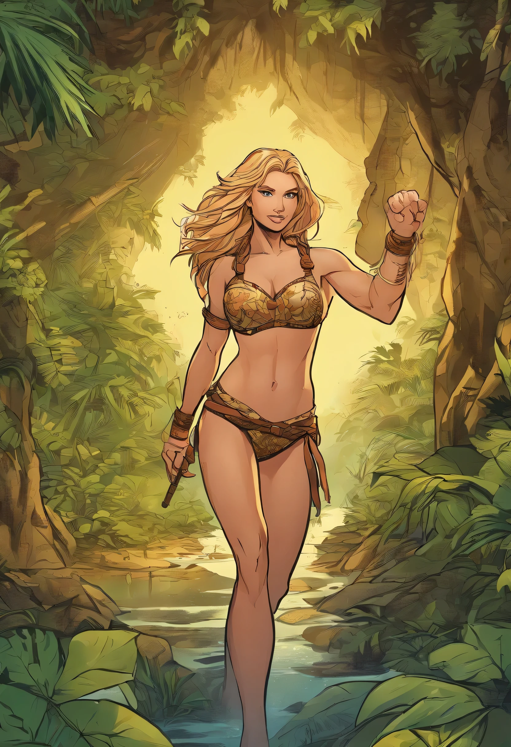 Create an image of Cave Girl with her classic appearance. She should be depicted as a strong and agile jungle heroine with long blonde hair. Her outfit should be made of leopard skin, resembling a bikini, showcasing her wild and adventurous nature. She should be in a dynamic pose, perhaps interacting with animals or demonstrating her agility in the jungle. The background should include lush greenery, trees, and other elements of a dense jungle environment, reflecting her natural habitat, Symmetrical face, extremely detailed eyes and face, high quality eyes, creativity, RAW photo, UHD, 8K, Natural light, Lighting cinematic , Artwork-anatomy-perfect, Artwork:1.5, (looking at camera), (woman looks scared), (night:1.4), action scene, thick outlines, comic book style, dynamic camera angle, realistic skin, hands realistic, perfect hands, action lines, motion blur background