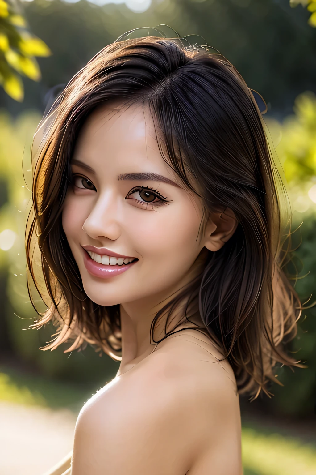 (8k, RAW Photos, highest quality, masterpiece, Realistic, Realistic), (1 female), (Ultimate beauty), Highly detailed face, (Perfect Teeth), Beautiful Eyes, double eyelid, eyelash, smile, Lip details, (Neat brunette bob), The light shines on your face, Big Breasts, ((Beige mini dress)), (front view), (background: none),  Background blur