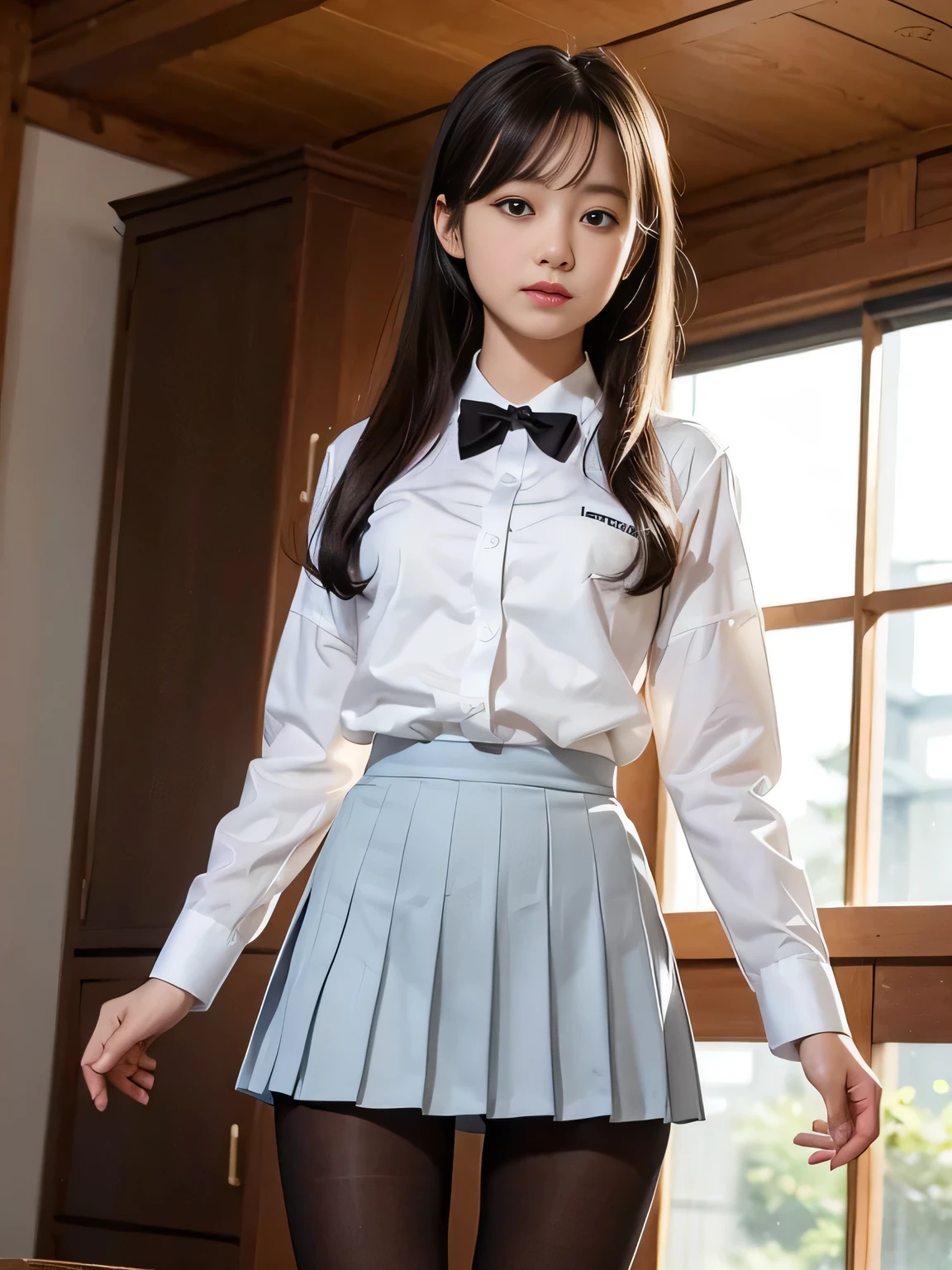 (8k、RAWphotographgraphy、highest quality、masterpiece:1.2),Cheeky,Looking at the audience,Viewed from the front,Muchimuchi,erotic,student,Light green Bra,Bra visible through shirt,White skin,knees,,(((Black Pantyhose)),((Black Pantyhose)))(((Black Pantyhose)),((Black Pantyhose))),Absurd,Small face,,Flat Chest,Part the front hair from the center、The forehead is visible,(Cold look,Glare,strong,skinny,skinny)、masterpiece,highest quality、超A high resolution,RAWphotograph,only,beautiful,one person, one person,Dark look,Small breasts,whole body、cute,JK Uniform,high school girl,Japanese women,Are standing,(Photorealistic:1.37)、Photon Mapping,Realistic、Beautiful woman,cuteSmall face,Brown eye、Black socks、(Red bow tie)、、Written boundary depth、Blurred Background、photograph,body,age Girl,Beautiful feet, Long legs, Thin legs,(I can see the front hair), hair, lips, green_eye, Nose Soft,(Light blue shirt), (Blue and white checked pleated skirt), I can see the knees,Light clothing,,, black cotton socks,Nogizaka Idol, actress, sexy