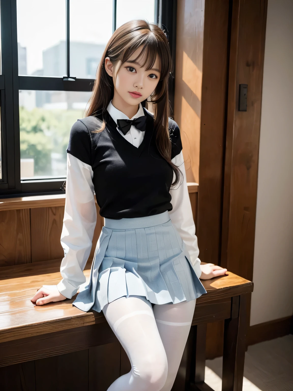 (8k、RAWphotographgraphy、highest quality、masterpiece:1.2),Cheeky,Looking at the audience,Viewed from the front,Muchimuchi,erotic,student,Light green Bra,Bra visible through shirt,White skin,knees,,(((Black Pantyhose)),((Black Pantyhose)))(((Black Pantyhose)),((Black Pantyhose))),Absurd,Small face,,Flat Chest,Part the front hair from the center、The forehead is visible,(Cold look,Glare,strong,skinny,skinny)、masterpiece,highest quality、超A high resolution,RAWphotograph,only,beautiful,one person, one person,Dark look,Small breasts,whole body、cute,JK Uniform,high school girl,Japanese women,Are standing,(Photorealistic:1.37)、Photon Mapping,Realistic、Beautiful woman,cuteSmall face,Brown eye、Black socks、(Red bow tie)、、Written boundary depth、Blurred Background、photograph,body,Teenage Girl,Beautiful feet, Long legs, Thin legs,(I can see the front hair), hair, lips, green_eye, Nose Soft,(Light blue shirt), (Blue and white checked pleated skirt), I can see the knees,Light clothing,,, black cotton socks,Nogizaka Idol, actress, sexy