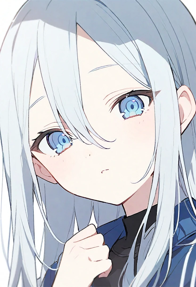 1girl,solo,yoisaki kanade,white hair,long hair,very long hair,blue eyes,pink cheeks,blue tracksuit,black shirt,cute,white background,kanade3rd,Kawaii, cute, pretty, anime,project sekai,prsk,project sekai(yoisaki kanade),upper body,simple background,white background,