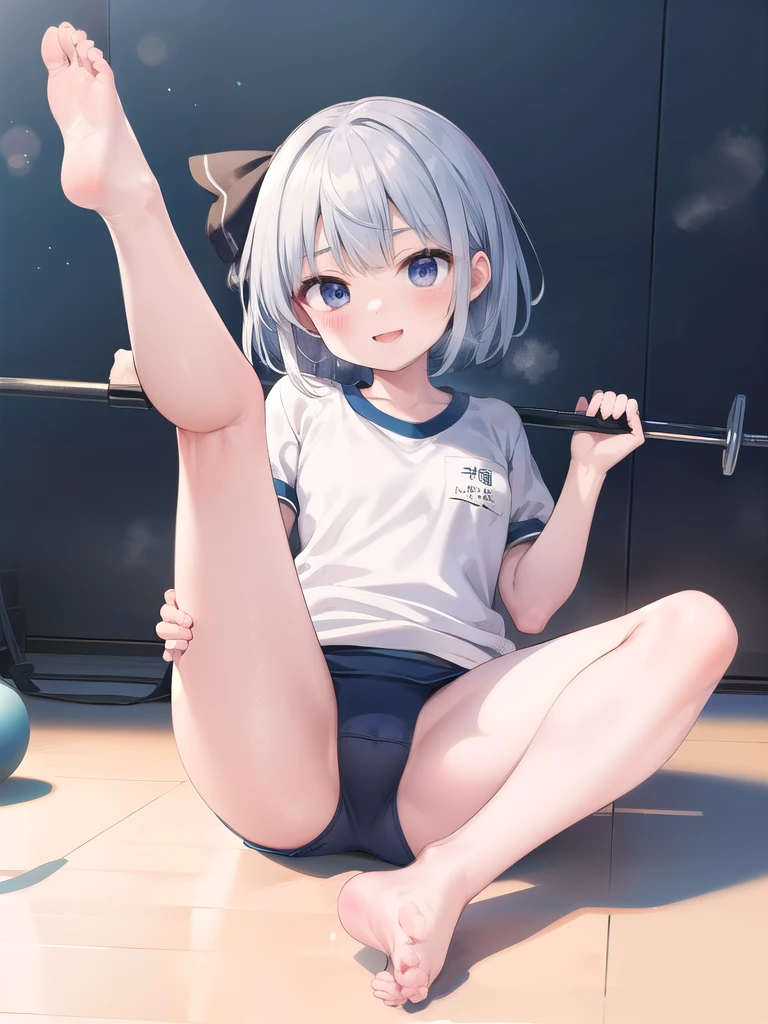 (((((whole body)))))、Youmu, Very cute white gym uniform 、smile、Leg spread、No shoes、、