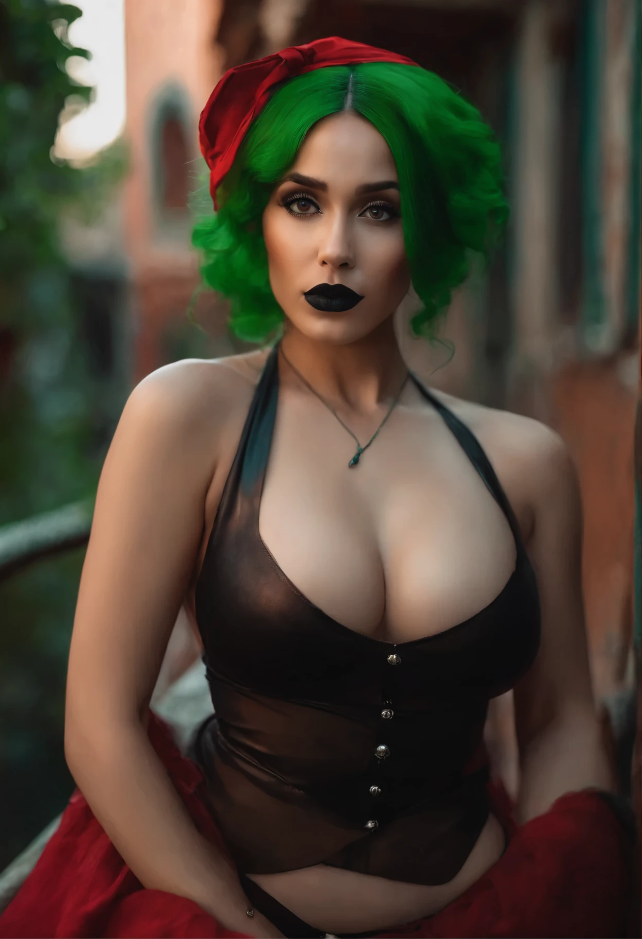 (), dressed gothically tone hair bangs are dark blonde large buns on the top of her head green eyes dark eyeliner, dark eyeshadow, black lipstick open chest clothing dark nails entire body covered in tattoos has a large septum piercing has a vertical labret piercing many ear piercings, ((large breasts|tits and saggy breast in 169cm: 1.1)), solo, full body, full photo view, (LoRA:Russian Doll Likeness: 0.75) Russian Doll Likeness, (LoRA:Fake Breasts_2*: 1.115) Fake Breasts_2*, (full_body:1.2), breasts exposed, looking at the viewer
