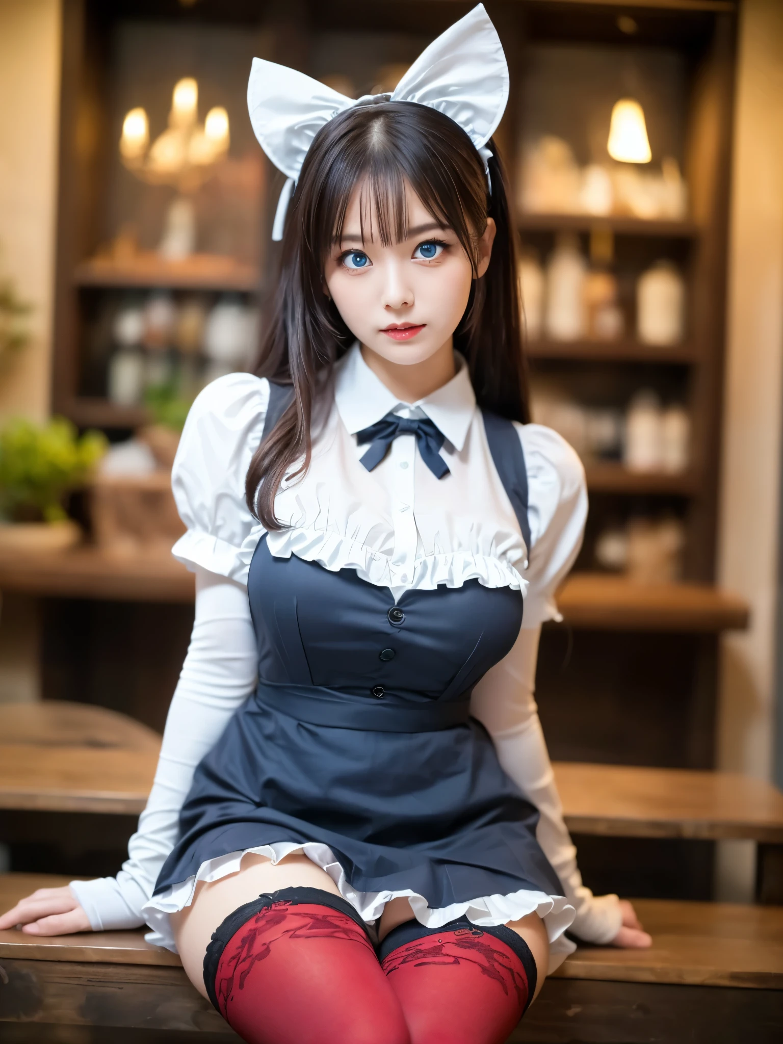 (((masterpiece))), (((highest quality: 1.4))), ((Very detailed: 1.4)) , ulzzang-6500-v1.1, (RAW Photos:1.2), (Realistic), (See through:1.3), (masterpiece), (masterpiece). (Genuine:1.4), Very detailed, Sharp focus, tensura:Luminous Valentine、One beautiful woman, ((Beautiful, shiny silver grain、Detailed face、(Heterochromia iridis:1.4, Red Eye, blue eyes,), Gothic ta Maid Clothing、Knee-high stockings、