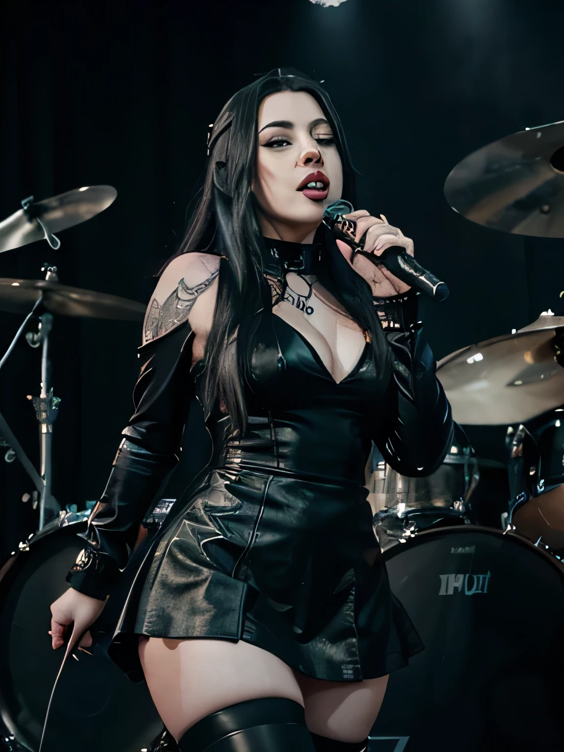 Amy Lee From the band Evanescence, Vocalist Band, curvy, long windblown Black and blue hair, dark eyes, beautiful goth make-up, intense feirce look, sheer black tool skirt and black leather short goth dress, cool goth boots, gorgeous legs, singing, holding a microphone, intense scene, front face pose,, whole body shot, starring at the camera, rock concert background.